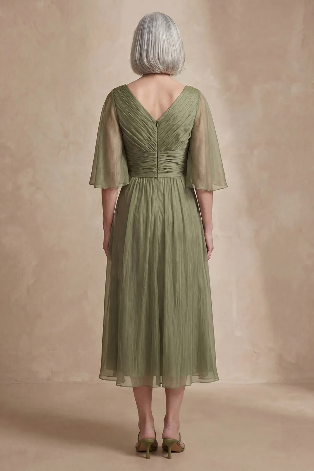 Dusty Sage A Line Pleated Half Sleeves Midi Mother of the Bride Dress sold by Zapaka product image thumbnail 2