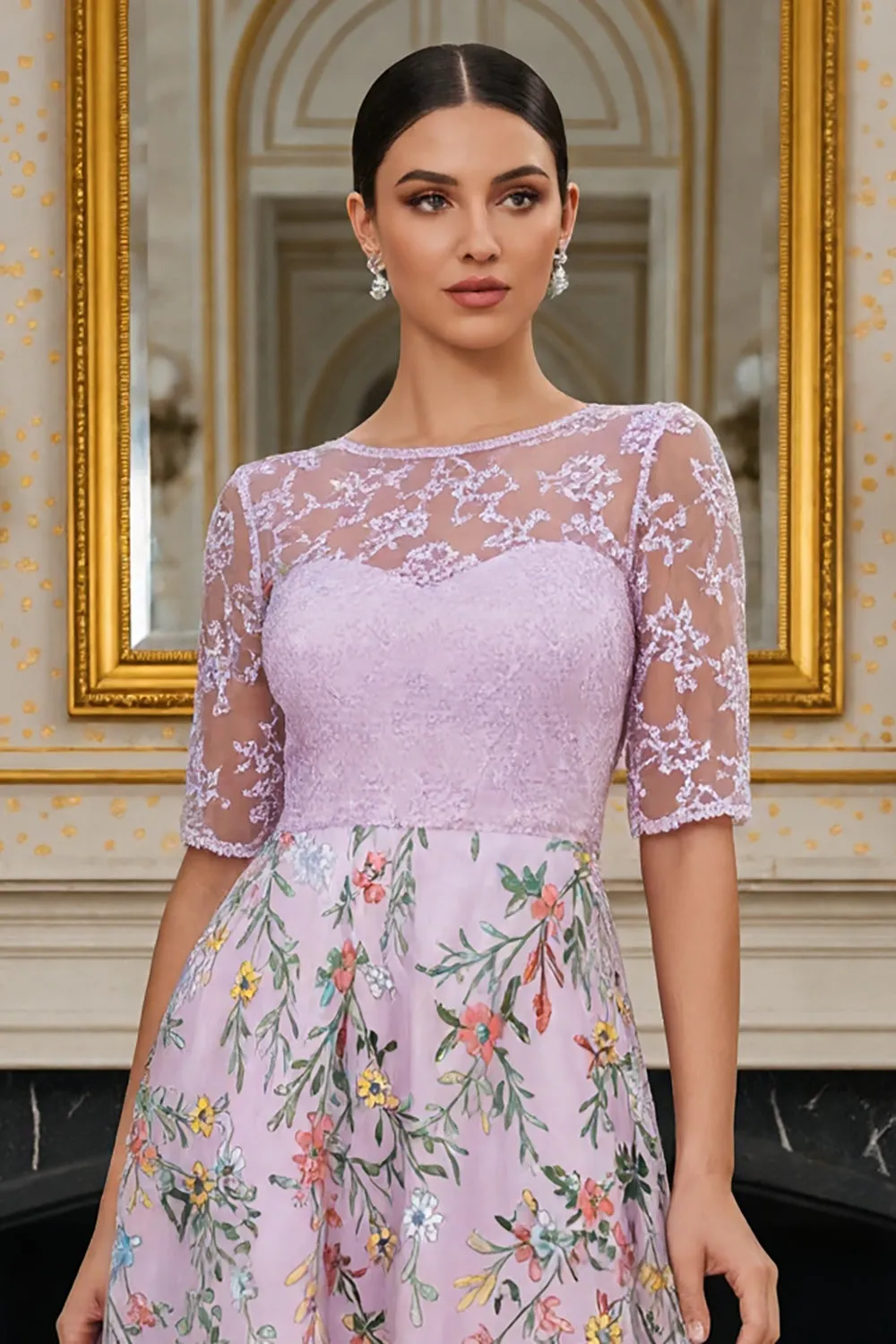 Lilac A Line Floral Half Sleeves Long Mother of the Bride Dress with Embroidery sold by Zapaka product image thumbnail 4