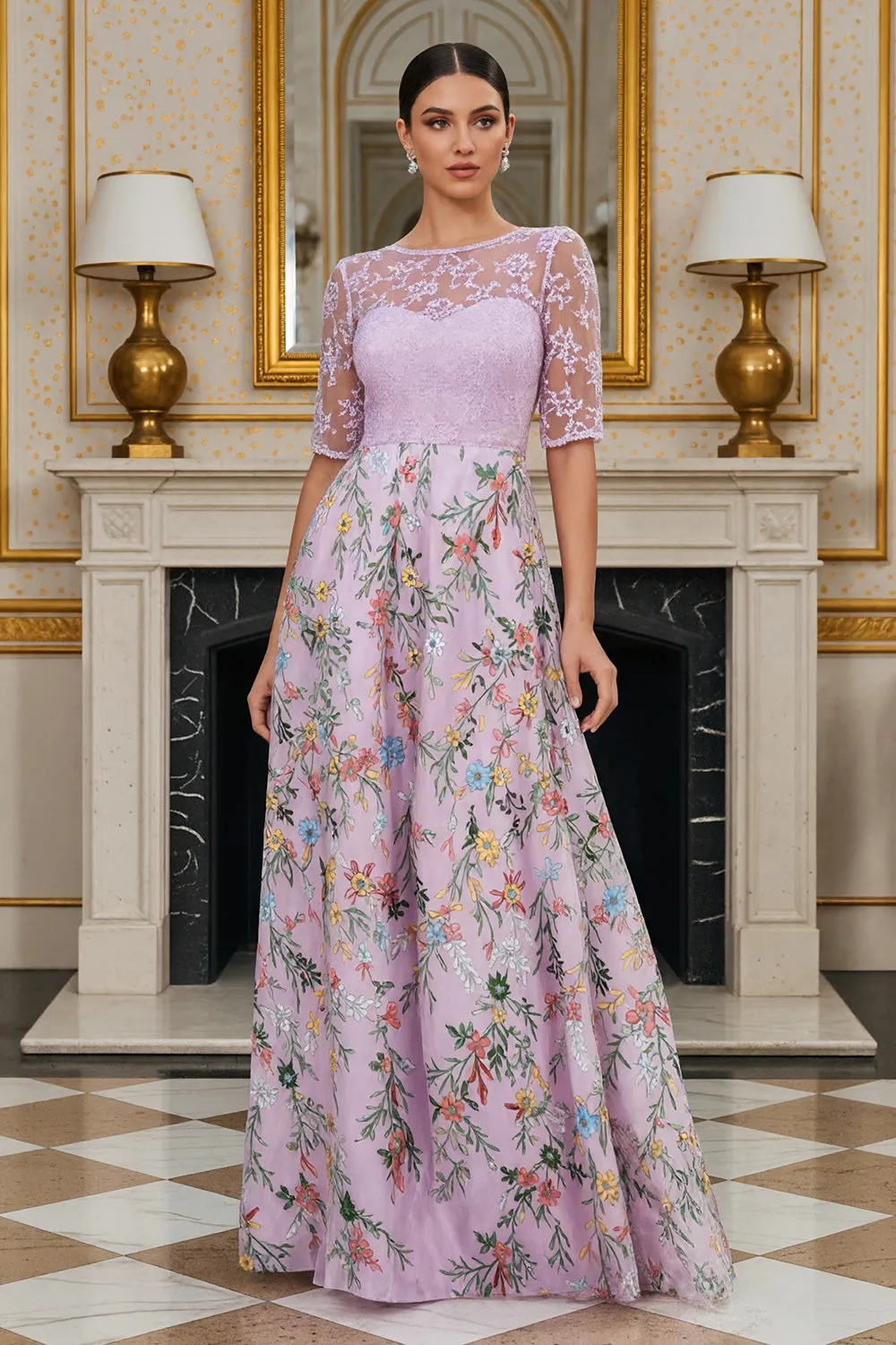 Lilac A Line Floral Half Sleeves Long Mother of the Bride Dress with Embroidery sold by Zapaka