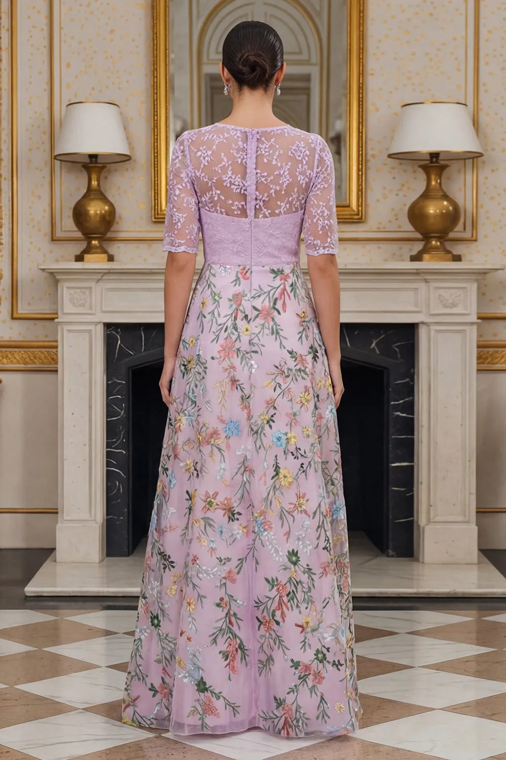 Lilac A Line Floral Half Sleeves Long Mother of the Bride Dress with Embroidery sold by Zapaka product image thumbnail 2