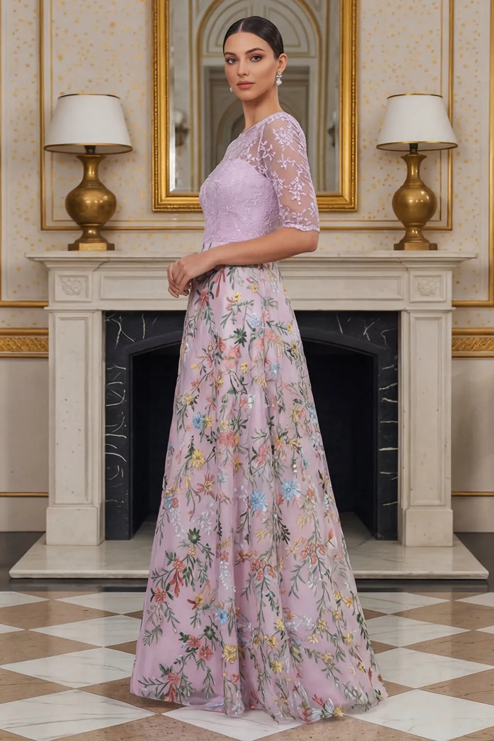 Lilac A Line Floral Half Sleeves Long Mother of the Bride Dress with Embroidery sold by Zapaka product image thumbnail 3
