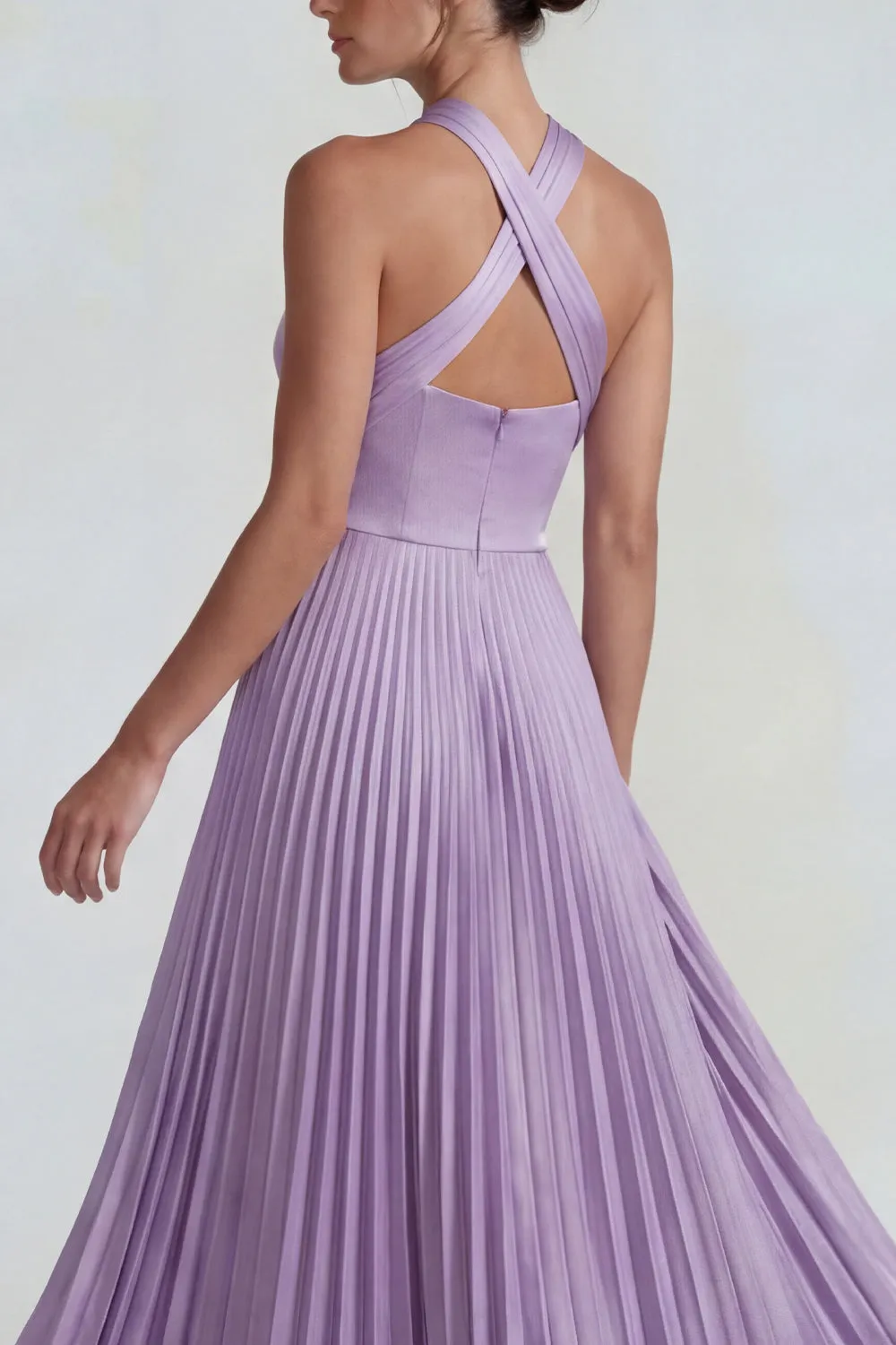 Lilac Satin Halter A Line Pleated Long Formal Dress sold by Zapaka product image thumbnail 3
