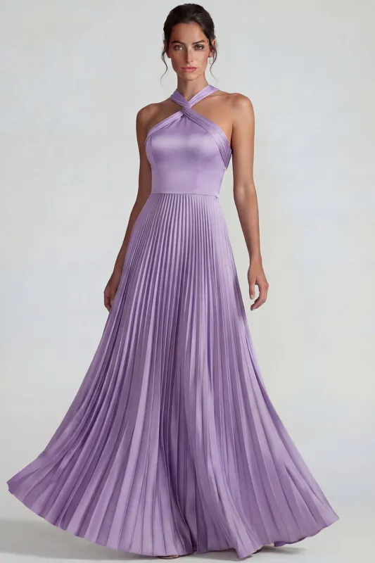 Lilac Satin Halter A Line Pleated Long Formal Dress made by Zapaka