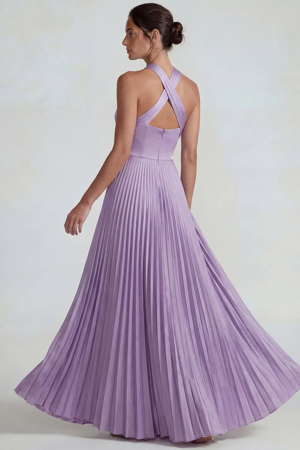 Lilac Satin Halter A Line Pleated Long Formal Dress sold by Zapaka product image thumbnail 2