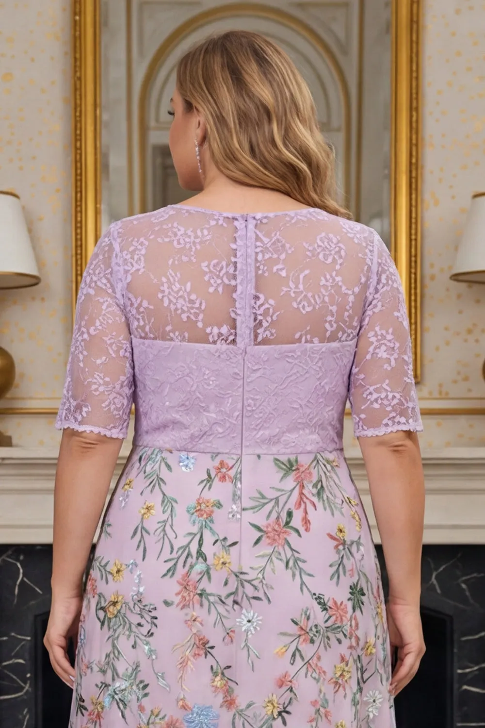 Lilac Floral A Line Embroidered Plus Size Mother of the Bride Dress with Half Sleeves sold by Zapaka product image thumbnail 5