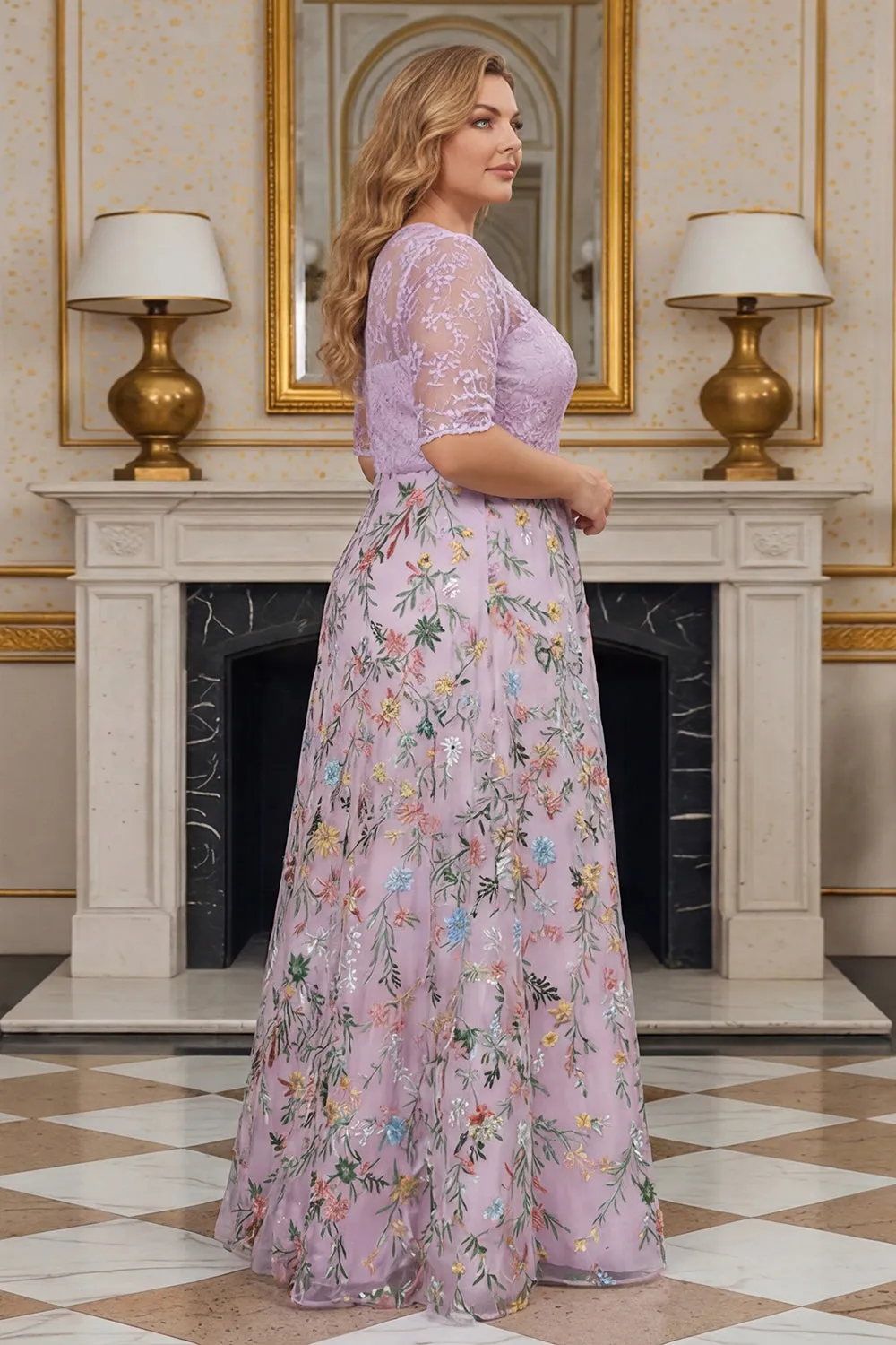 Lilac Floral A Line Embroidered Plus Size Mother of the Bride Dress with Half Sleeves sold by Zapaka product image thumbnail 3