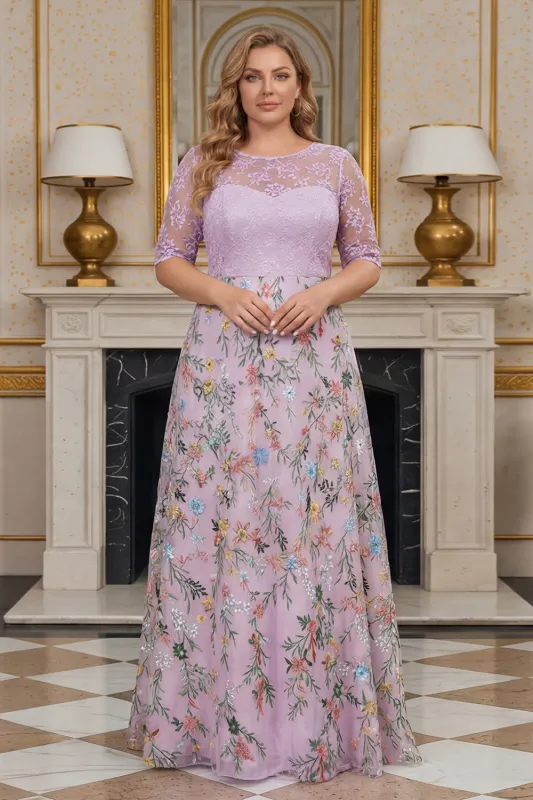 Lilac Floral A Line Embroidered Plus Size Mother of the Bride Dress with Half Sleeves made by Zapaka