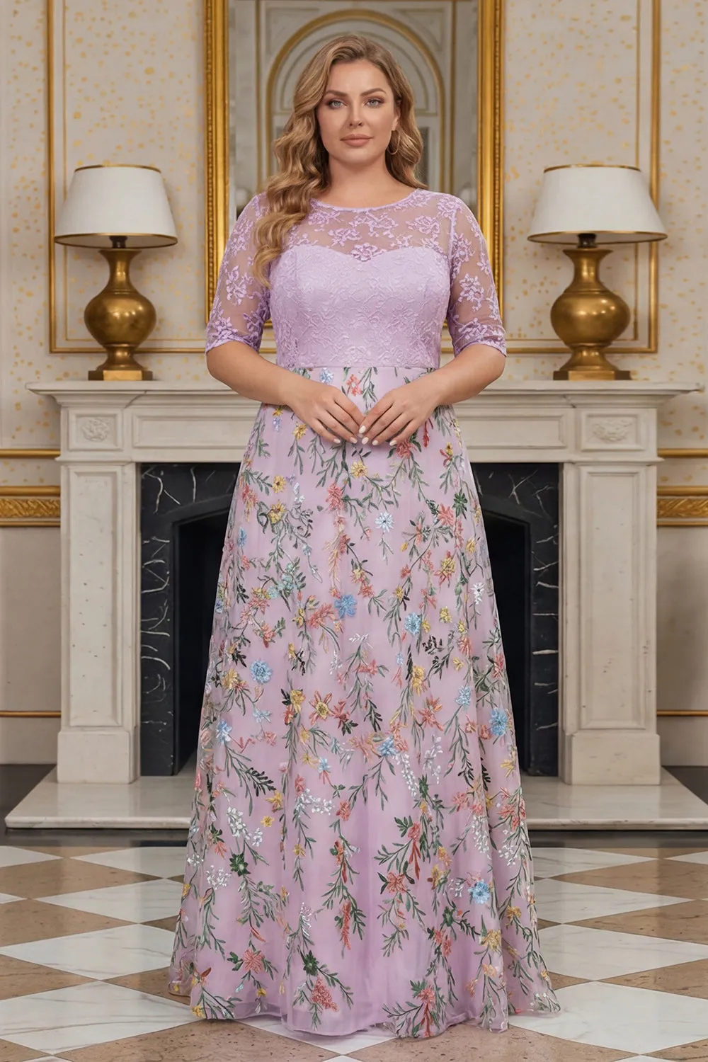 Lilac Floral A Line Embroidered Plus Size Mother of the Bride Dress with Half Sleeves sold by Zapaka