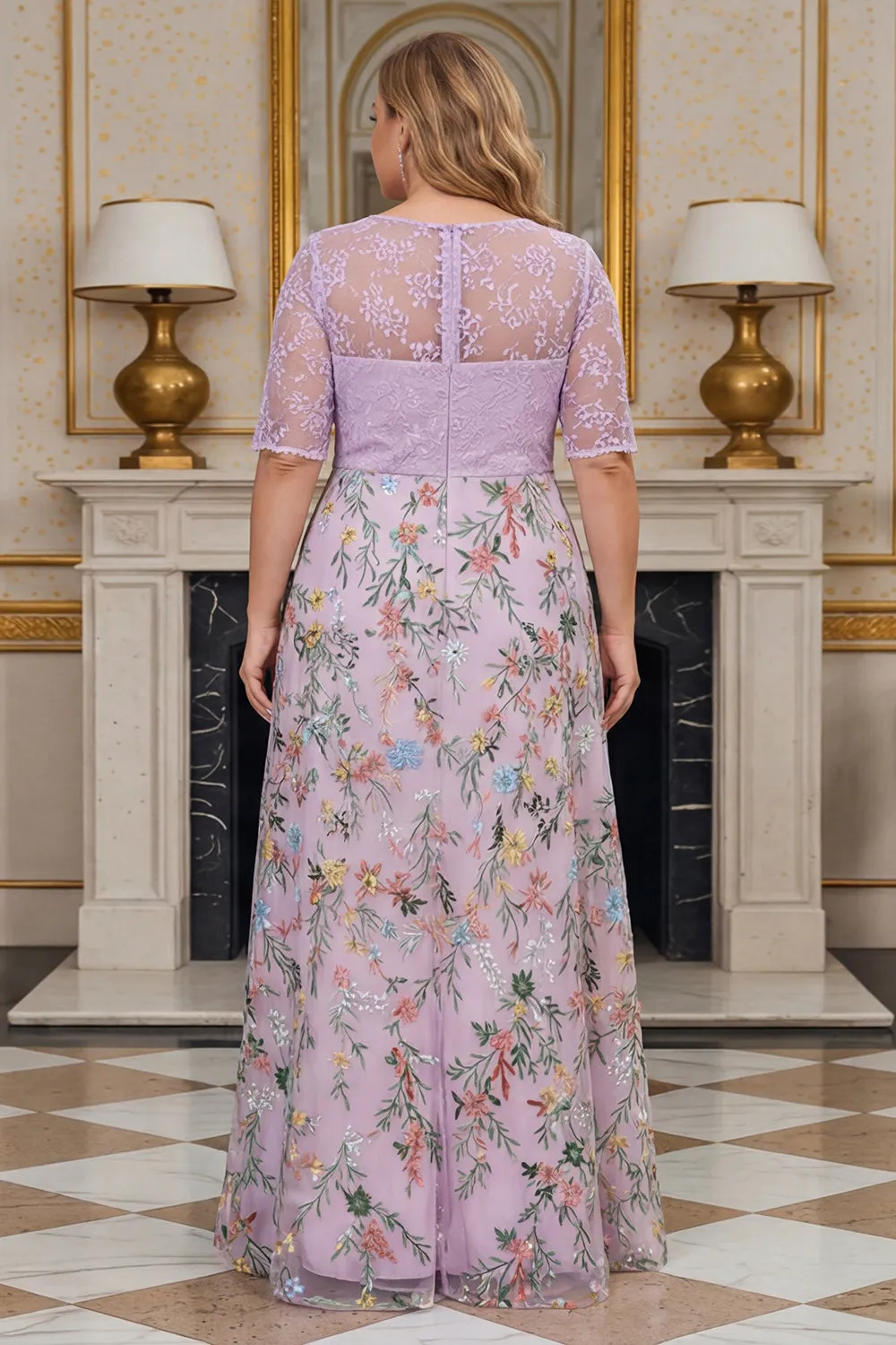 Lilac Floral A Line Embroidered Plus Size Mother of the Bride Dress with Half Sleeves sold by Zapaka product image thumbnail 2