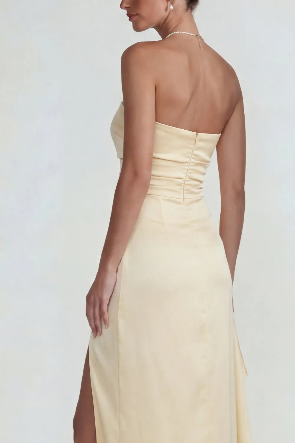 Light Yellow Satin Ruched Strapless Sheath Ruffled Long Formal Dress with Slit sold by Zapaka product image thumbnail 4