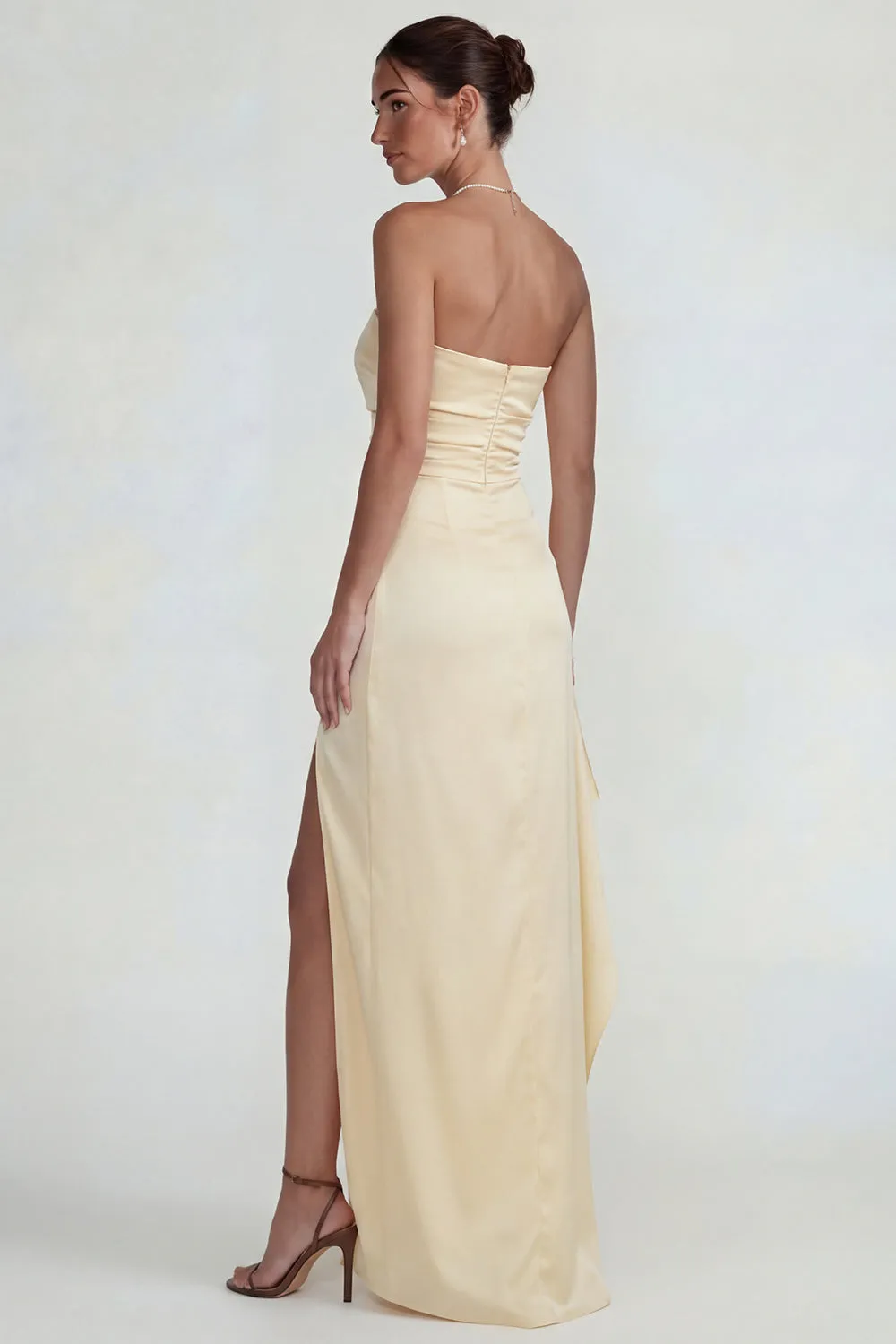 Light Yellow Satin Ruched Strapless Sheath Ruffled Long Formal Dress with Slit sold by Zapaka product image thumbnail 2