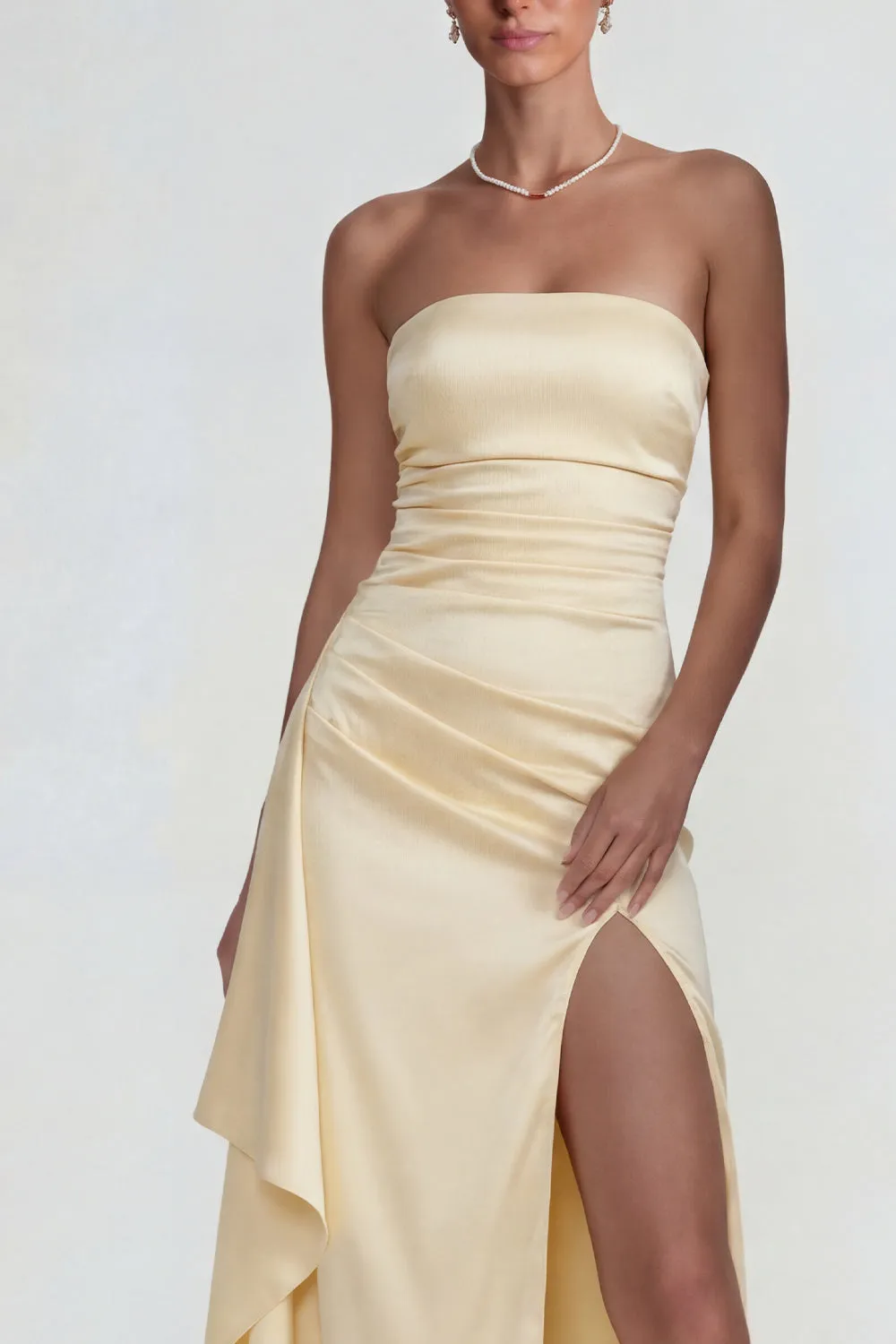 Light Yellow Satin Ruched Strapless Sheath Ruffled Long Formal Dress with Slit sold by Zapaka product image thumbnail 3