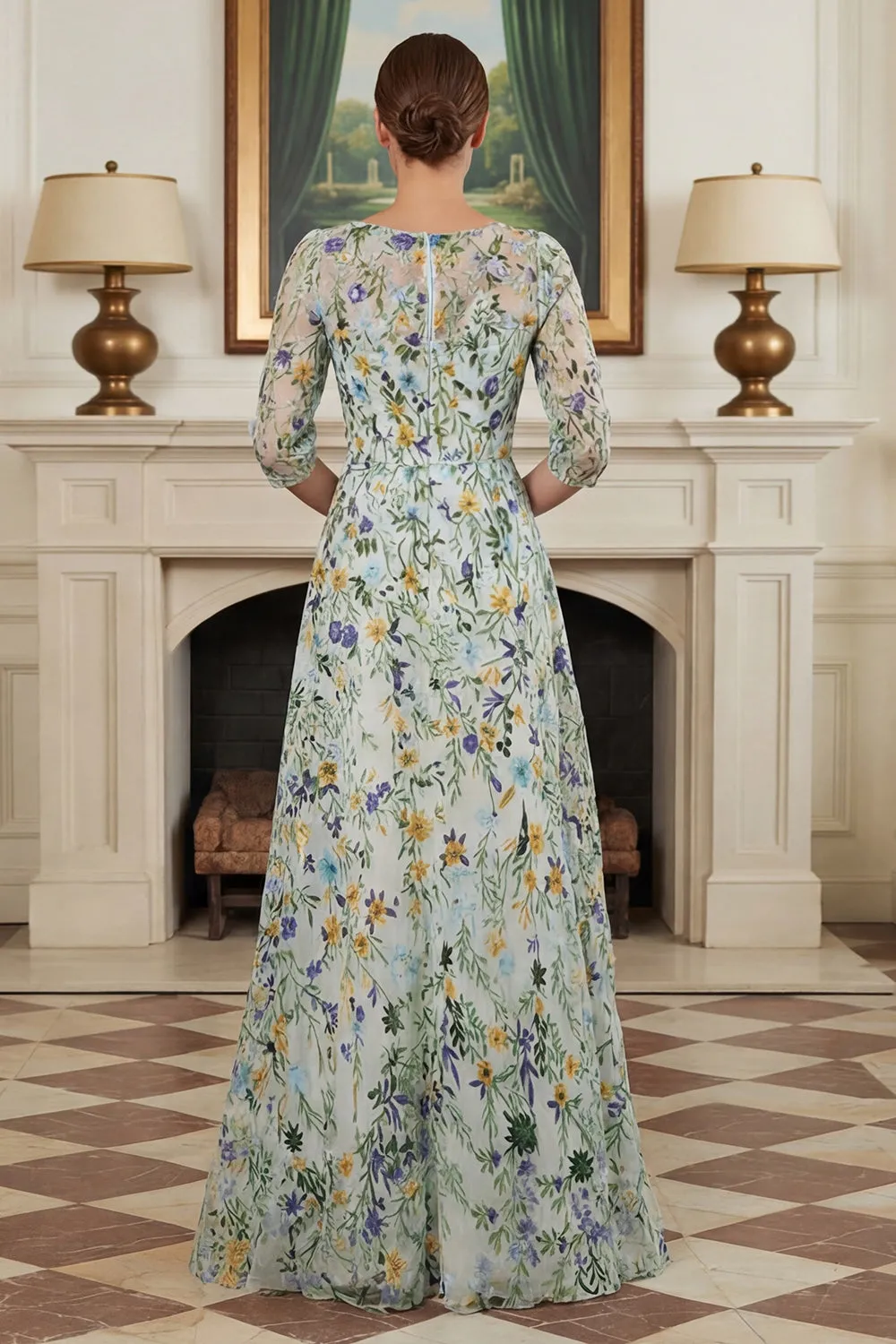 Green Flower A Line Embroidered 3/4 Sleeves Long Mother of the Bride Dress sold by Zapaka product image thumbnail 2