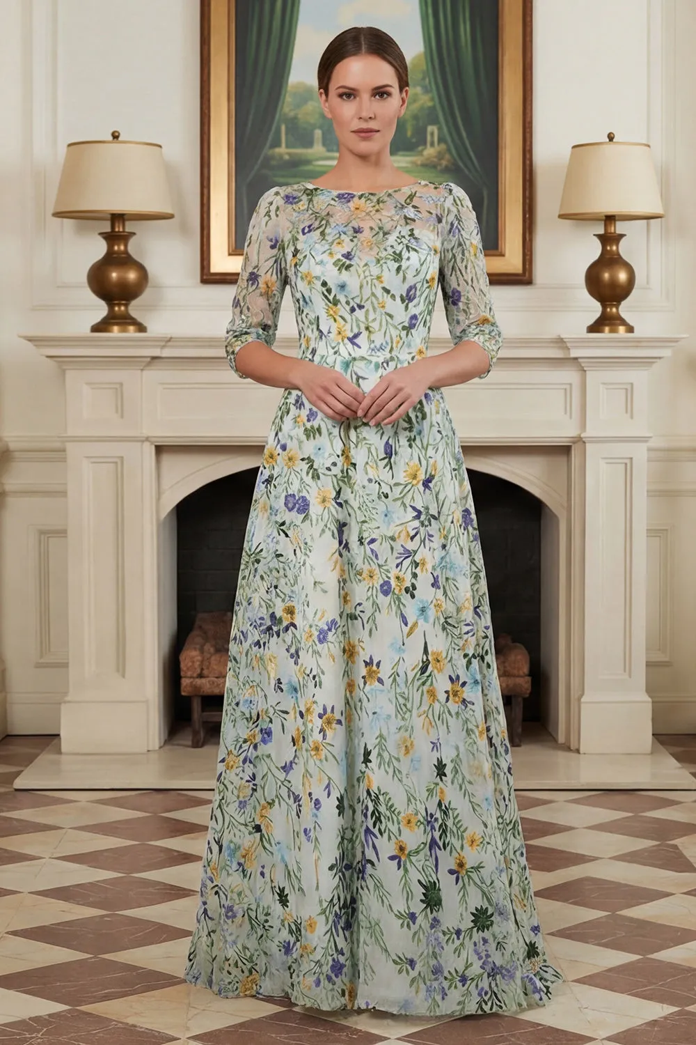 Green Flower A Line Embroidered 3/4 Sleeves Long Mother of the Bride Dress sold by Zapaka product image thumbnail 3