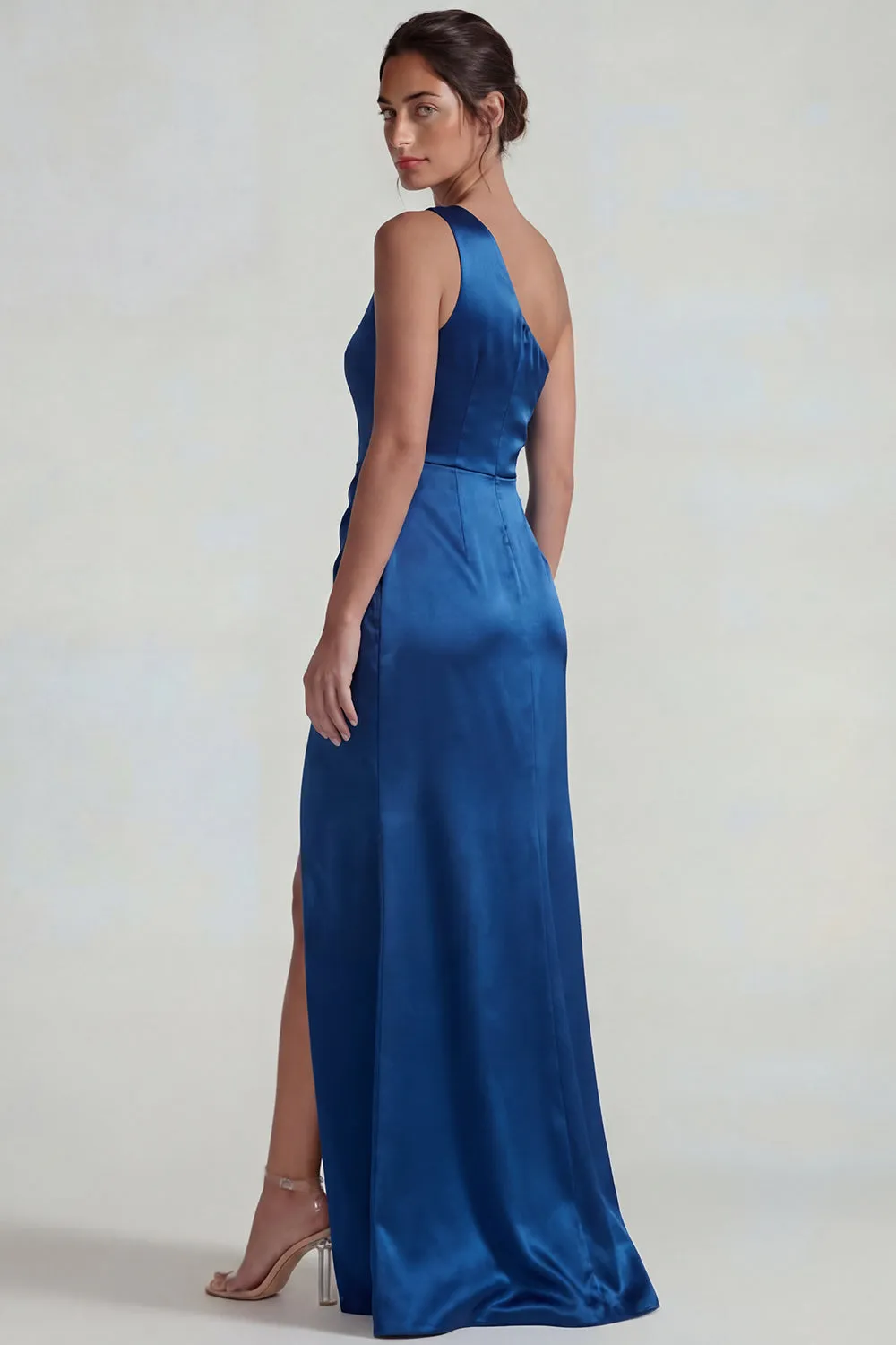 Dark Blue One Shoulder Satin Ruched Sheath Long Formal Dress with Slit sold by Zapaka product image thumbnail 2