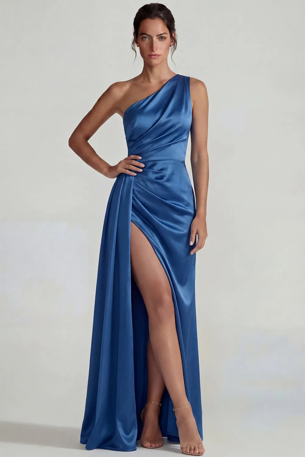 Dark Blue One Shoulder Satin Ruched Sheath Long Formal Dress with Slit sold by Zapaka