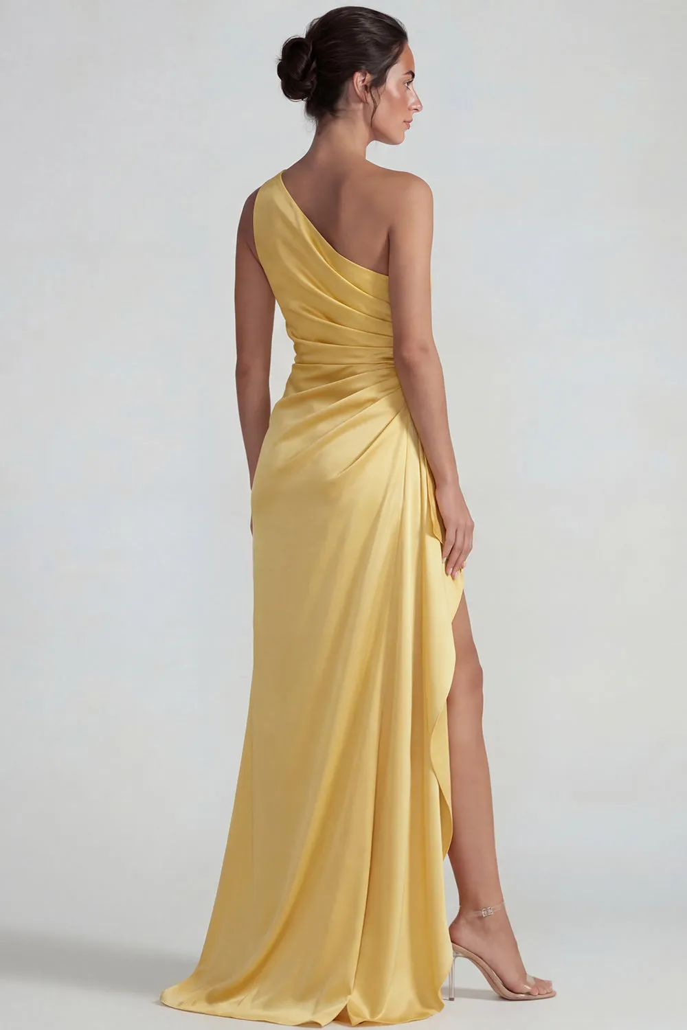 Yellow One Shoulder Ruffled Satin Ruched Sheath Long Formal Dress with Slit sold by Zapaka product image thumbnail 2