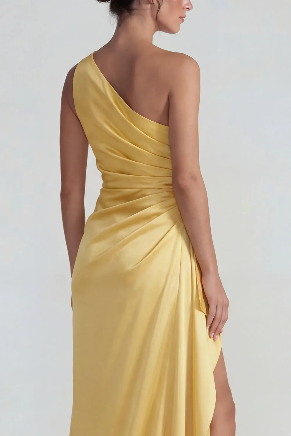 Yellow One Shoulder Ruffled Satin Ruched Sheath Long Formal Dress with Slit sold by Zapaka product image thumbnail 4