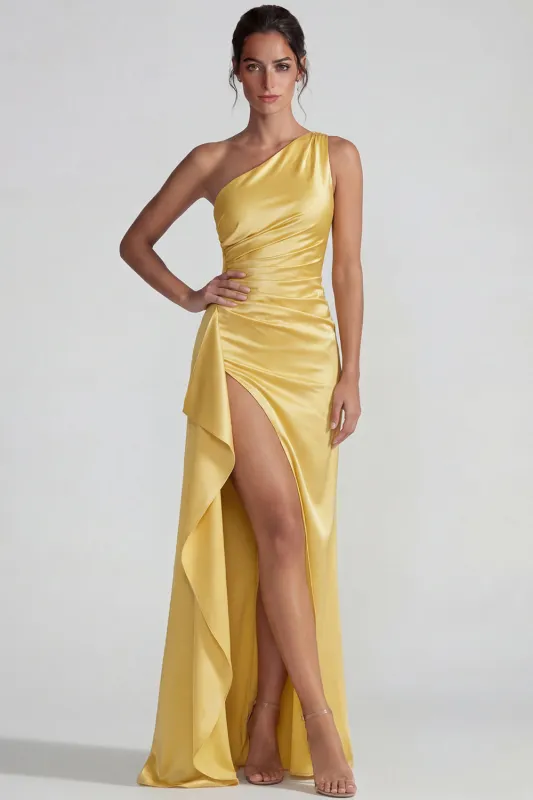 Yellow One Shoulder Ruffled Satin Ruched Sheath Long Formal Dress with Slit sold by Zapaka