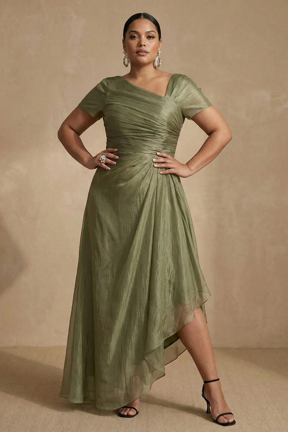 Dusty Sage Short Sleeves Ruched A Line Plus Size Mother Of The Bride Dress sold by Zapaka product image thumbnail 3
