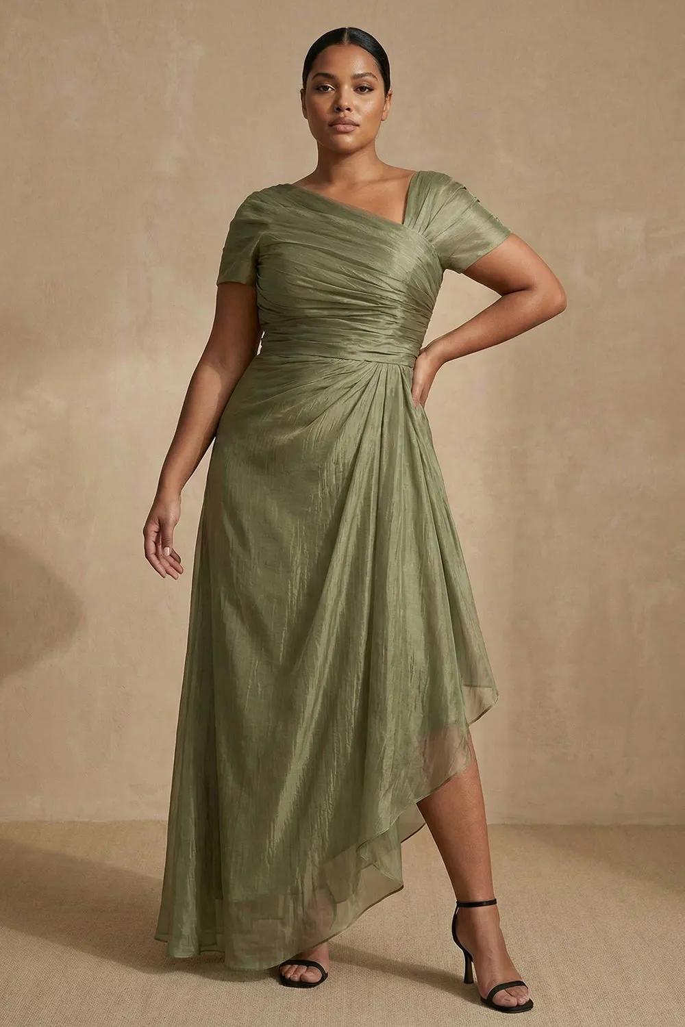 Dusty Sage Short Sleeves Ruched A Line Plus Size Mother Of The Bride Dress sold by Zapaka