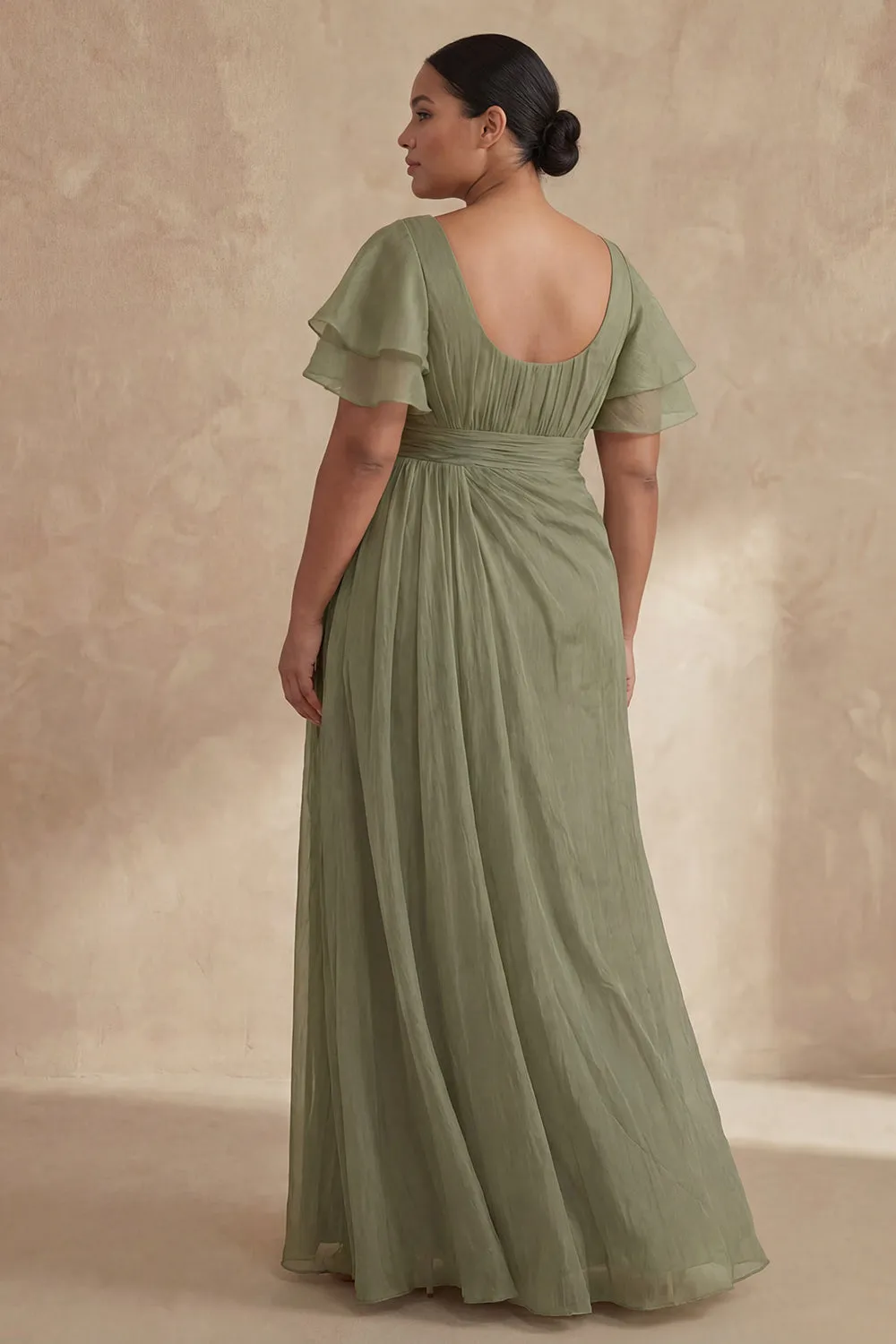 A Line Dusty Sage Boat Neck Plus Size Mother Of The Bride Dress with Ruffle Sleeves sold by Zapaka product image thumbnail 2