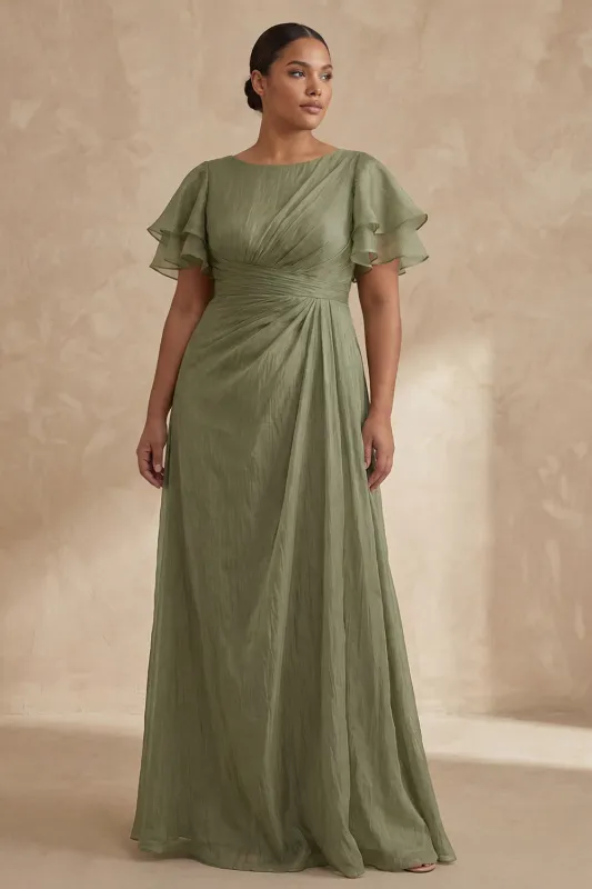 A Line Dusty Sage Boat Neck Plus Size Mother Of The Bride Dress with Ruffle Sleeves made by Zapaka