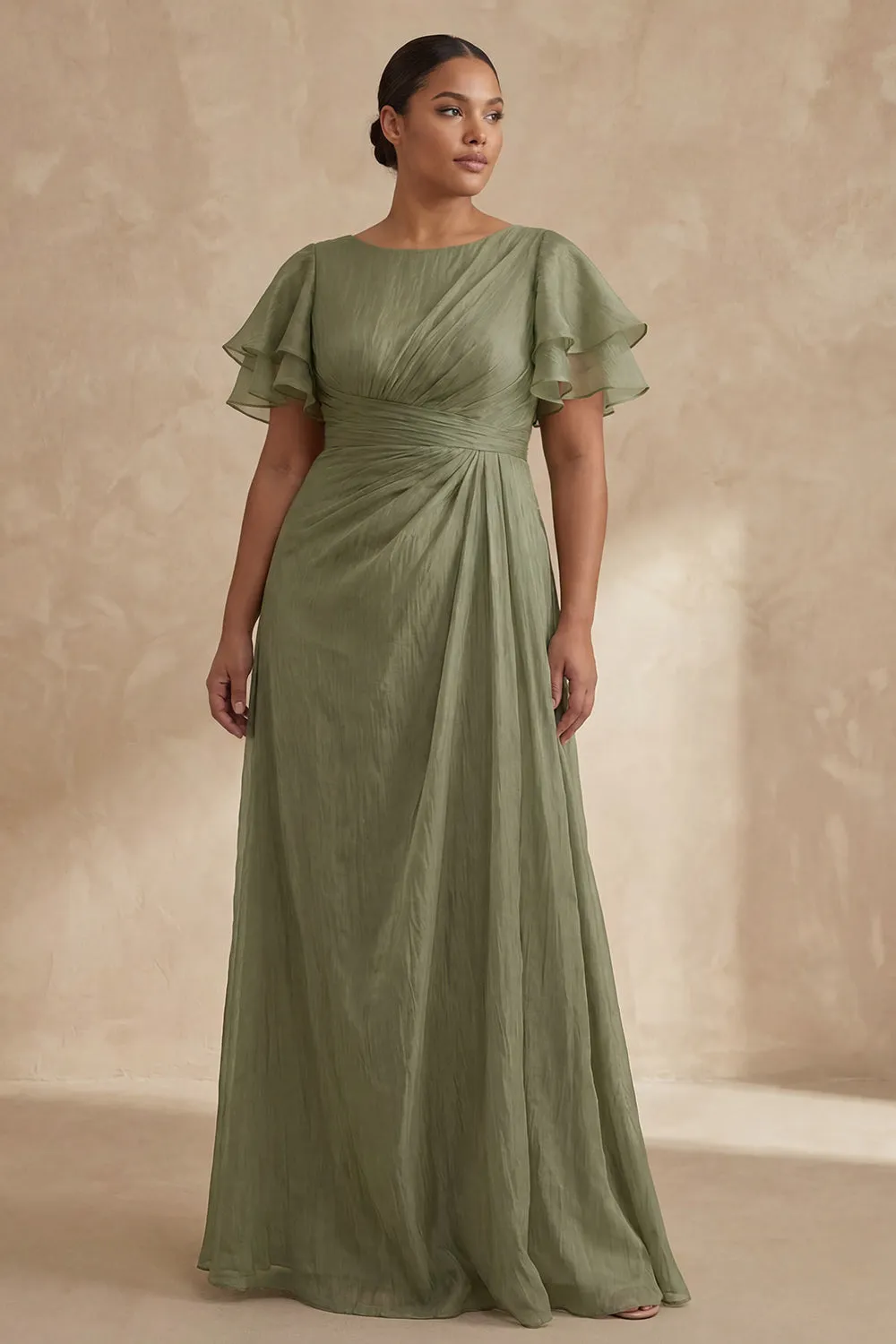 A Line Dusty Sage Boat Neck Plus Size Mother Of The Bride Dress with Ruffle Sleeves sold by Zapaka