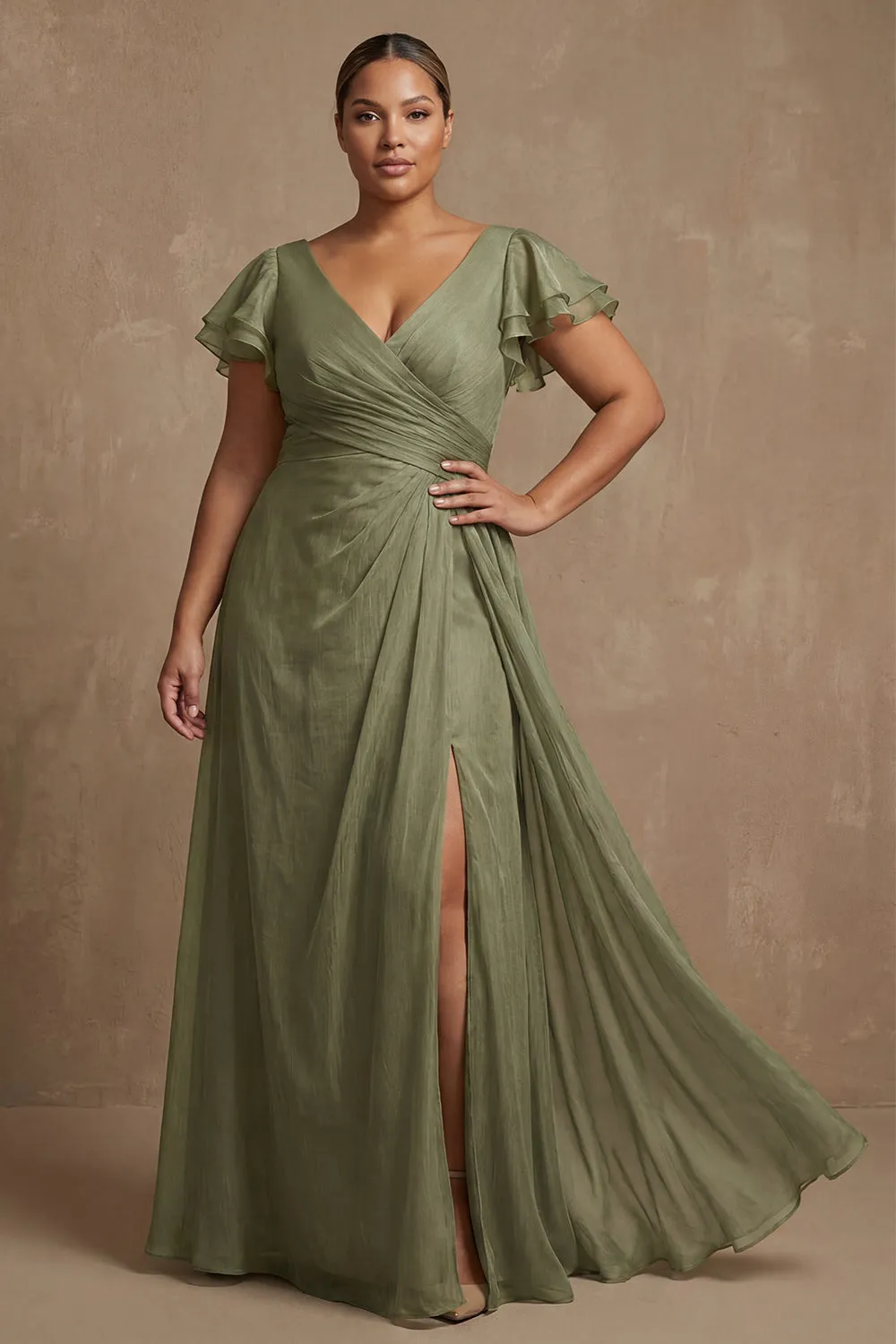 Dusty Sage Plus Size A Line Flutter Sleeves Ruched Mother Of The Bride Dress with Slit sold by Zapaka