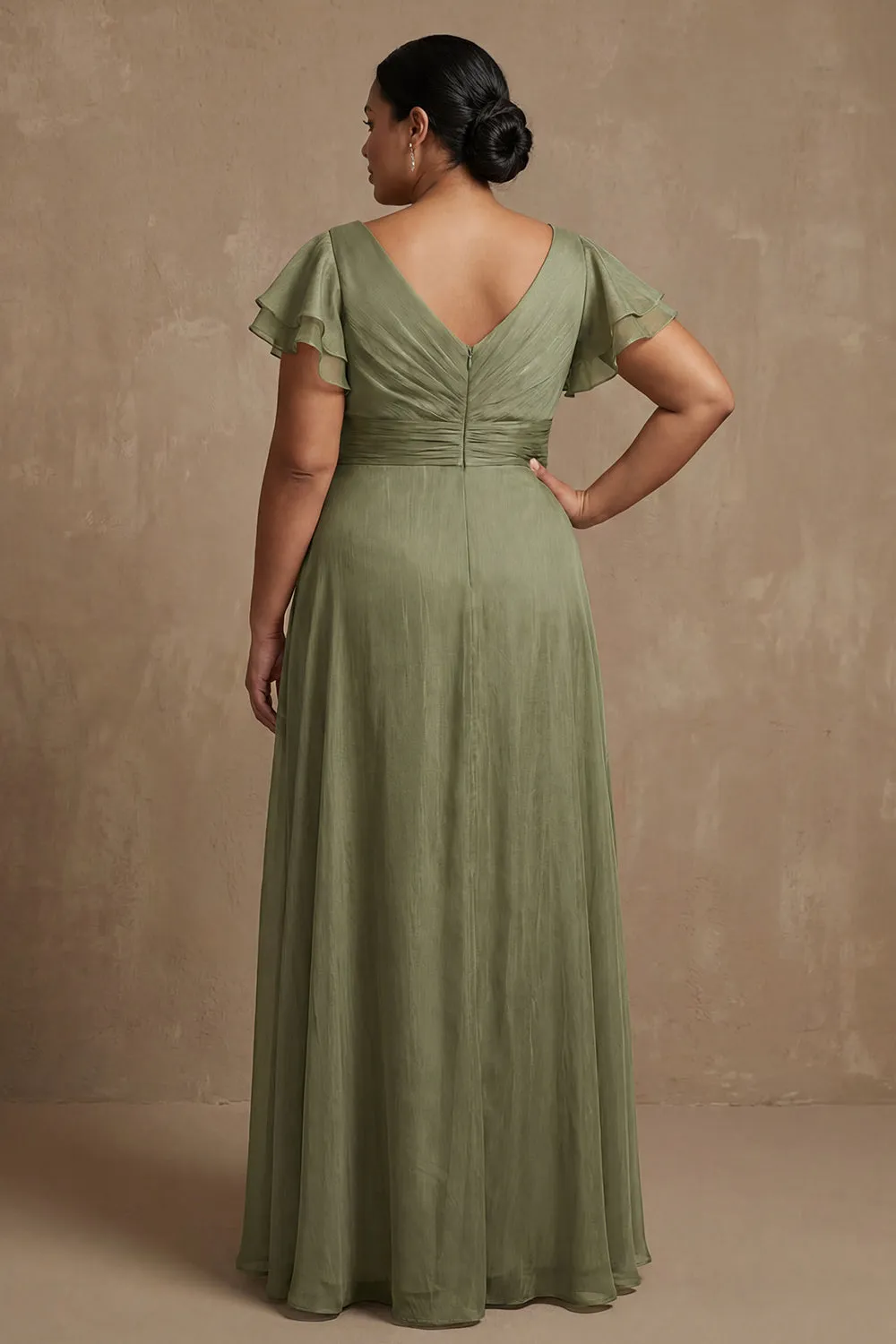 Dusty Sage Plus Size A Line Flutter Sleeves Ruched Mother Of The Bride Dress with Slit sold by Zapaka product image thumbnail 2
