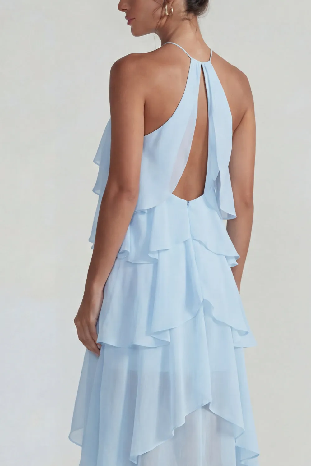 Blue Ruffled Halter Tiered A Line Chiffon Dress sold by Zapaka product image thumbnail 4