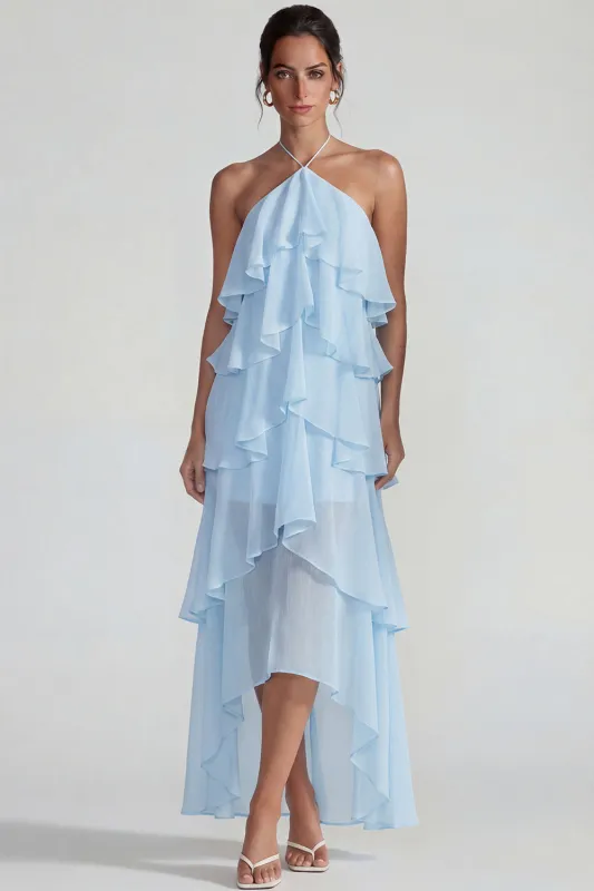 Blue Ruffled Halter Tiered A Line Chiffon Dress sold by Zapaka