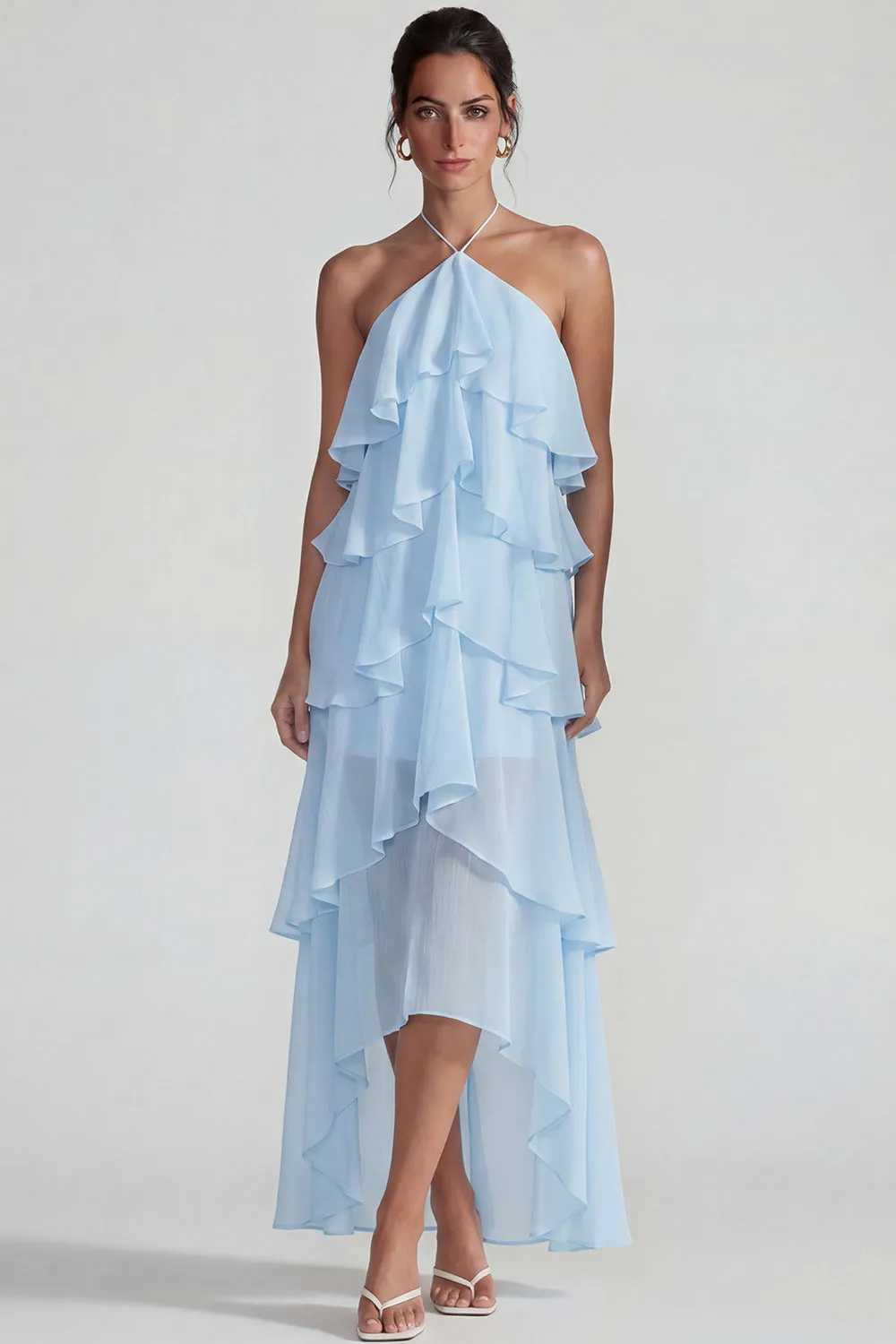 Blue Ruffled Halter Tiered A Line Chiffon Dress sold by Zapaka
