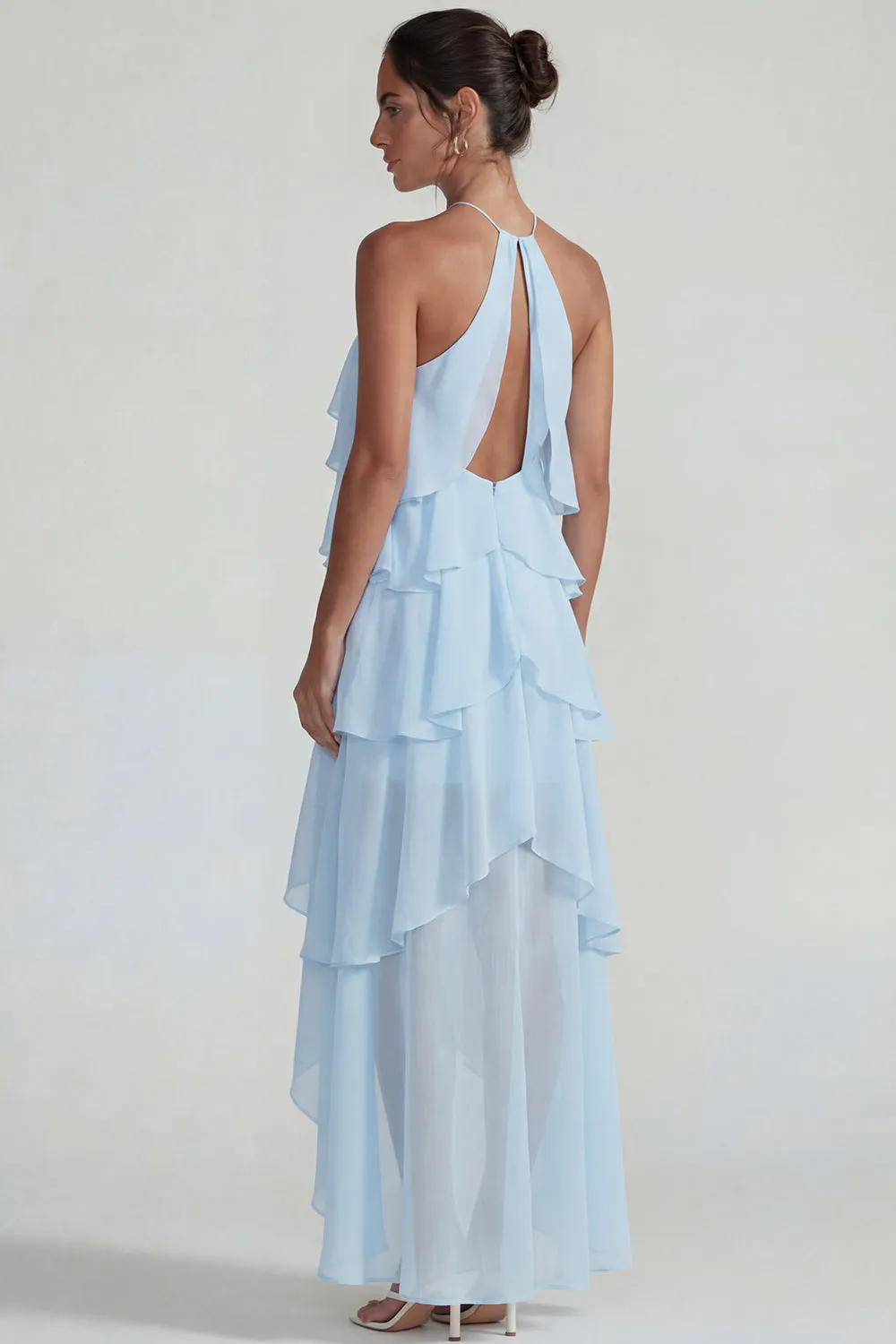 Blue Ruffled Halter Tiered A Line Chiffon Dress sold by Zapaka product image thumbnail 2