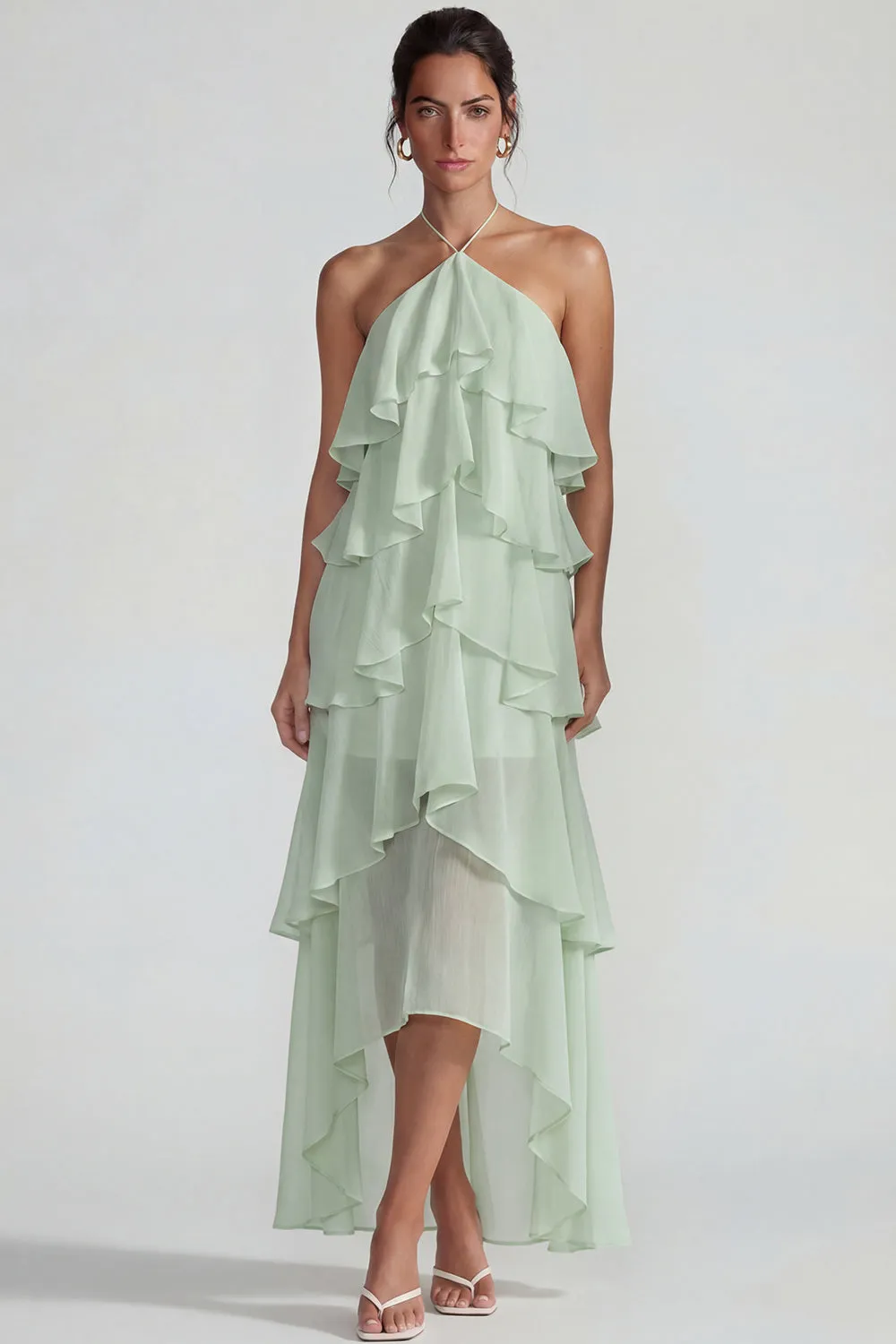 Blue Ruffled Halter Tiered A Line Chiffon Dress sold by Zapaka product image thumbnail 5