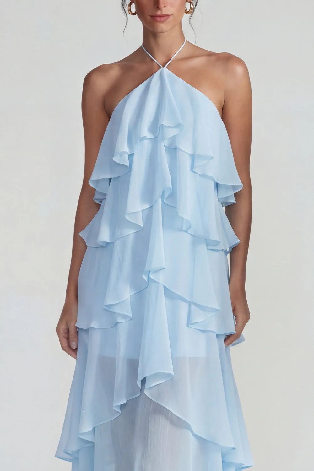 Blue Ruffled Halter Tiered A Line Chiffon Dress sold by Zapaka product image thumbnail 3