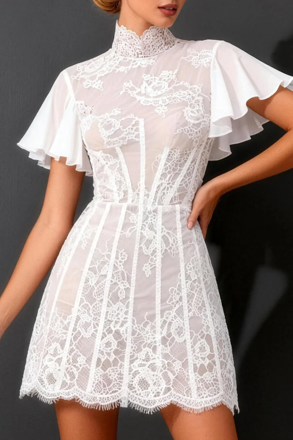 White A Line High Neck Short Wedding Dress with Flutter Sleeves sold by Zapaka product image thumbnail 3