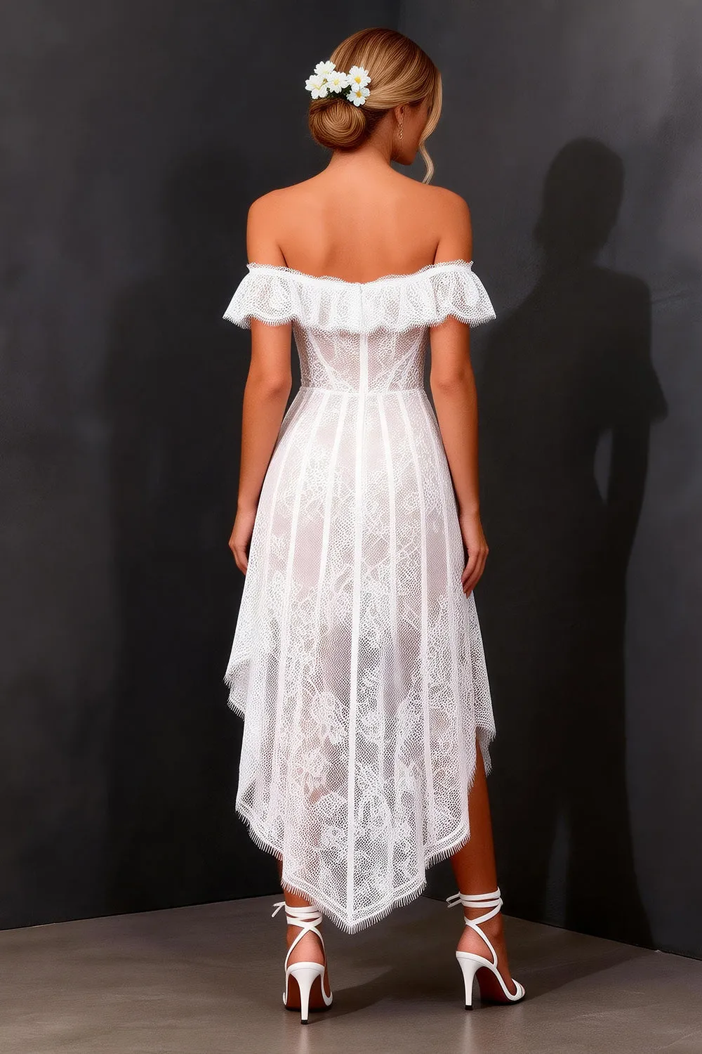Off The Shoulder White Lace Corset High-Low A Line Wedding Dress sold by Zapaka product image thumbnail 2