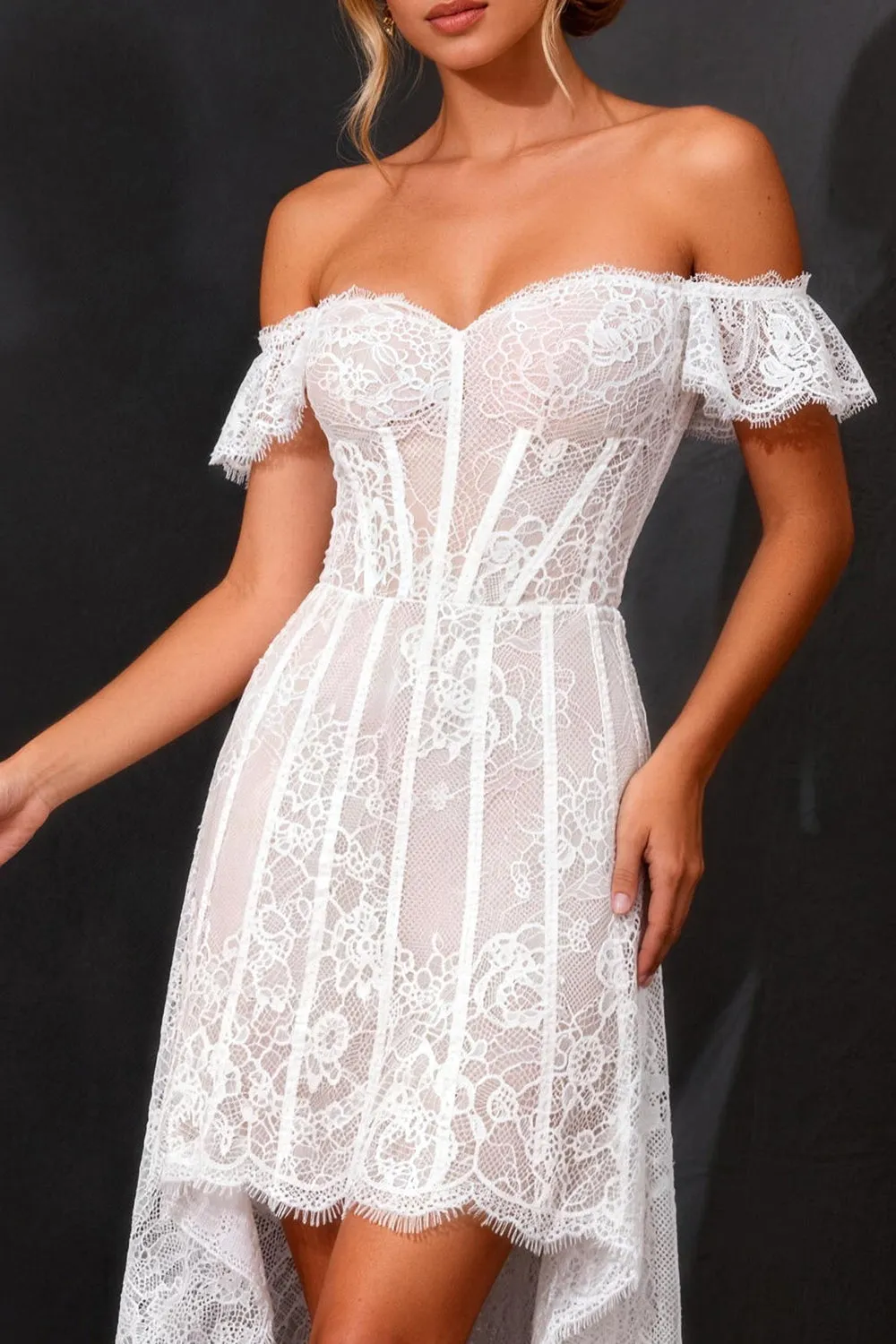 Off The Shoulder White Lace Corset High-Low A Line Wedding Dress sold by Zapaka product image thumbnail 3