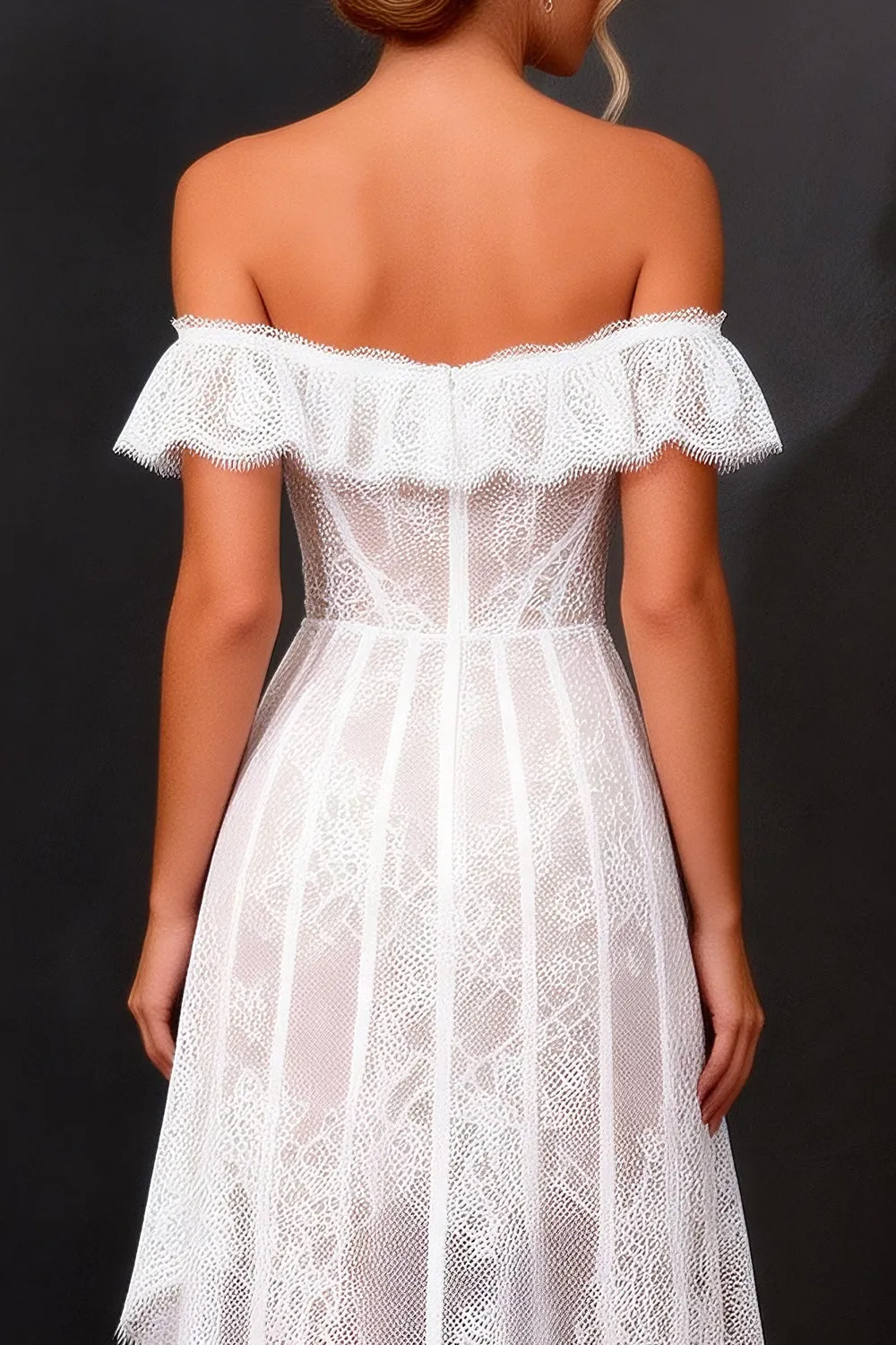 Off The Shoulder White Lace Corset High-Low A Line Wedding Dress sold by Zapaka product image thumbnail 4