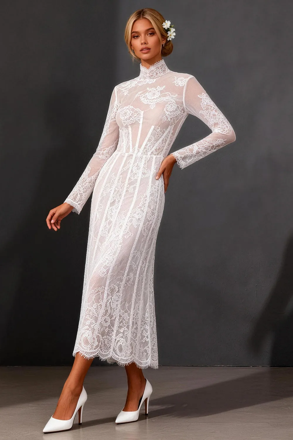 White Sheath Lace Long Sleeves Wedding Dress sold by Zapaka