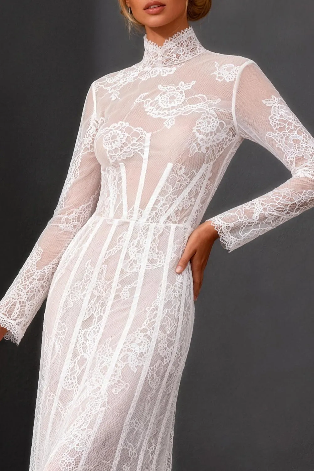 White Sheath Lace Long Sleeves Wedding Dress sold by Zapaka product image thumbnail 3