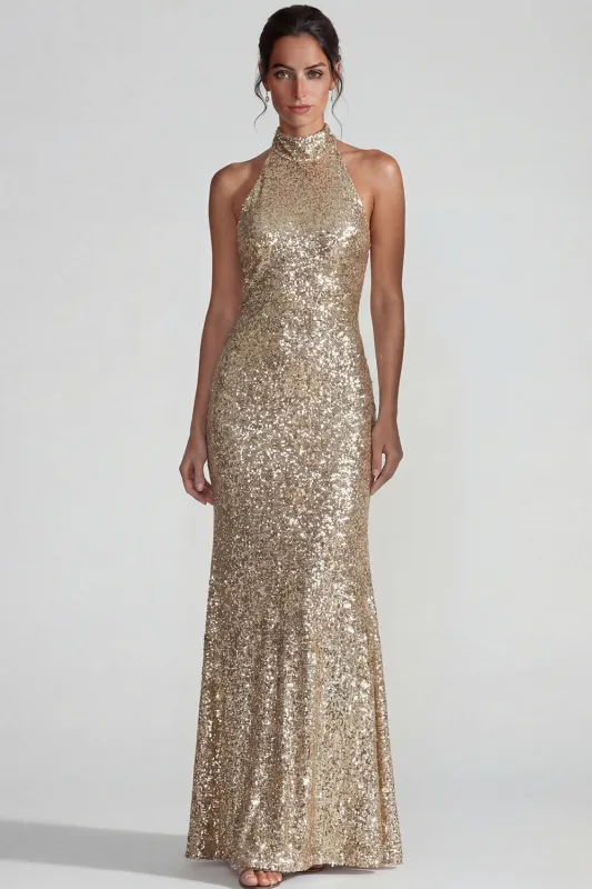 Sparkly Golden Halter Sequins Sheath Long Formal Dress made by Zapaka