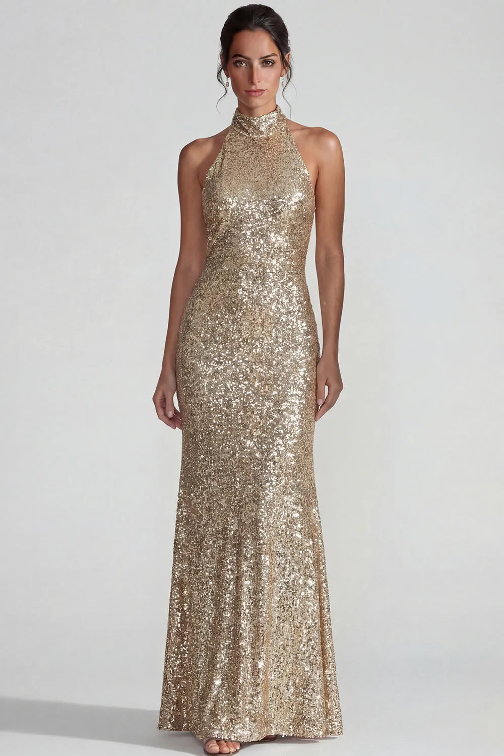 Sparkly Golden Halter Sequins Sheath Long Formal Dress sold by Zapaka