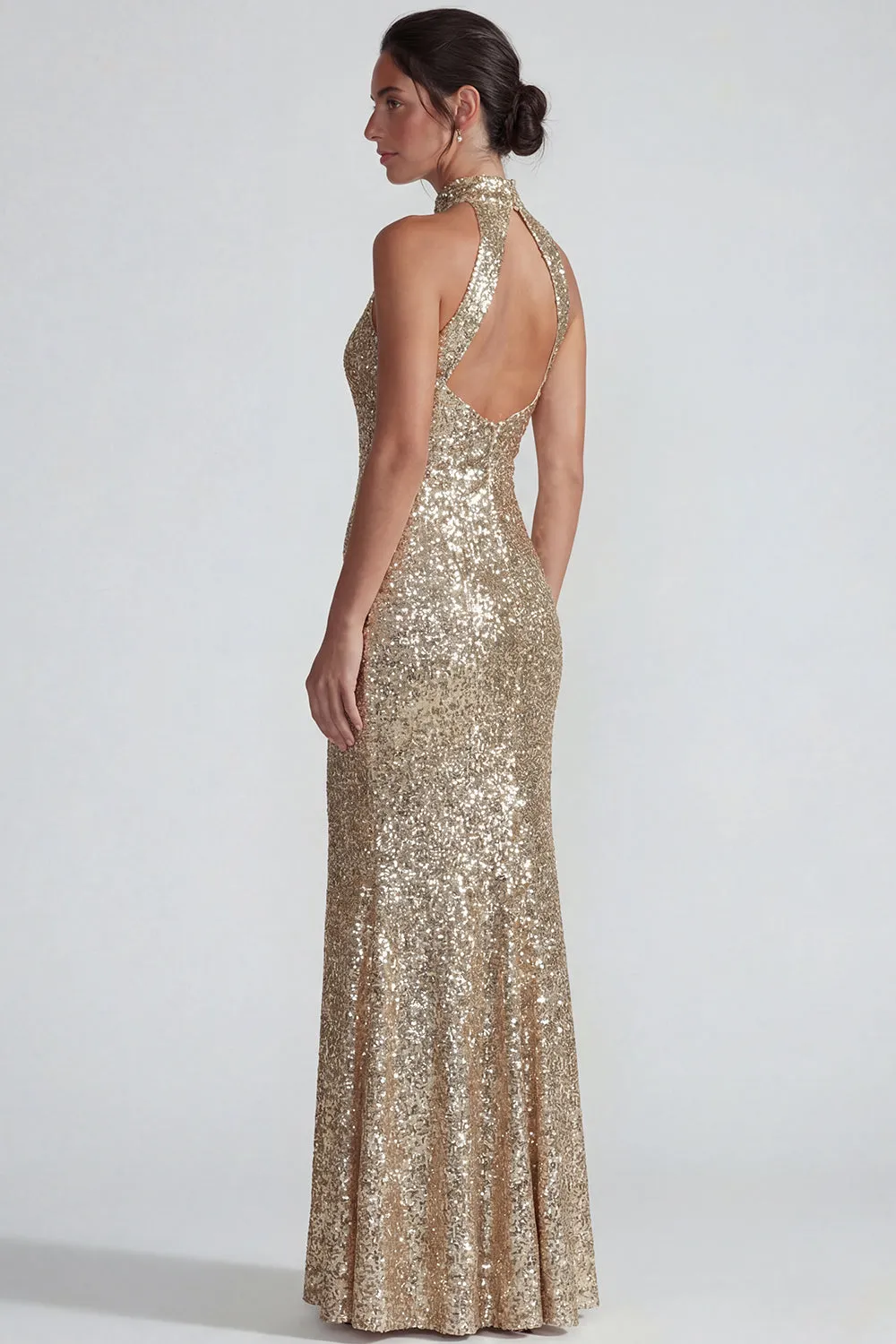 Sparkly Golden Halter Sequins Sheath Long Formal Dress sold by Zapaka product image thumbnail 2