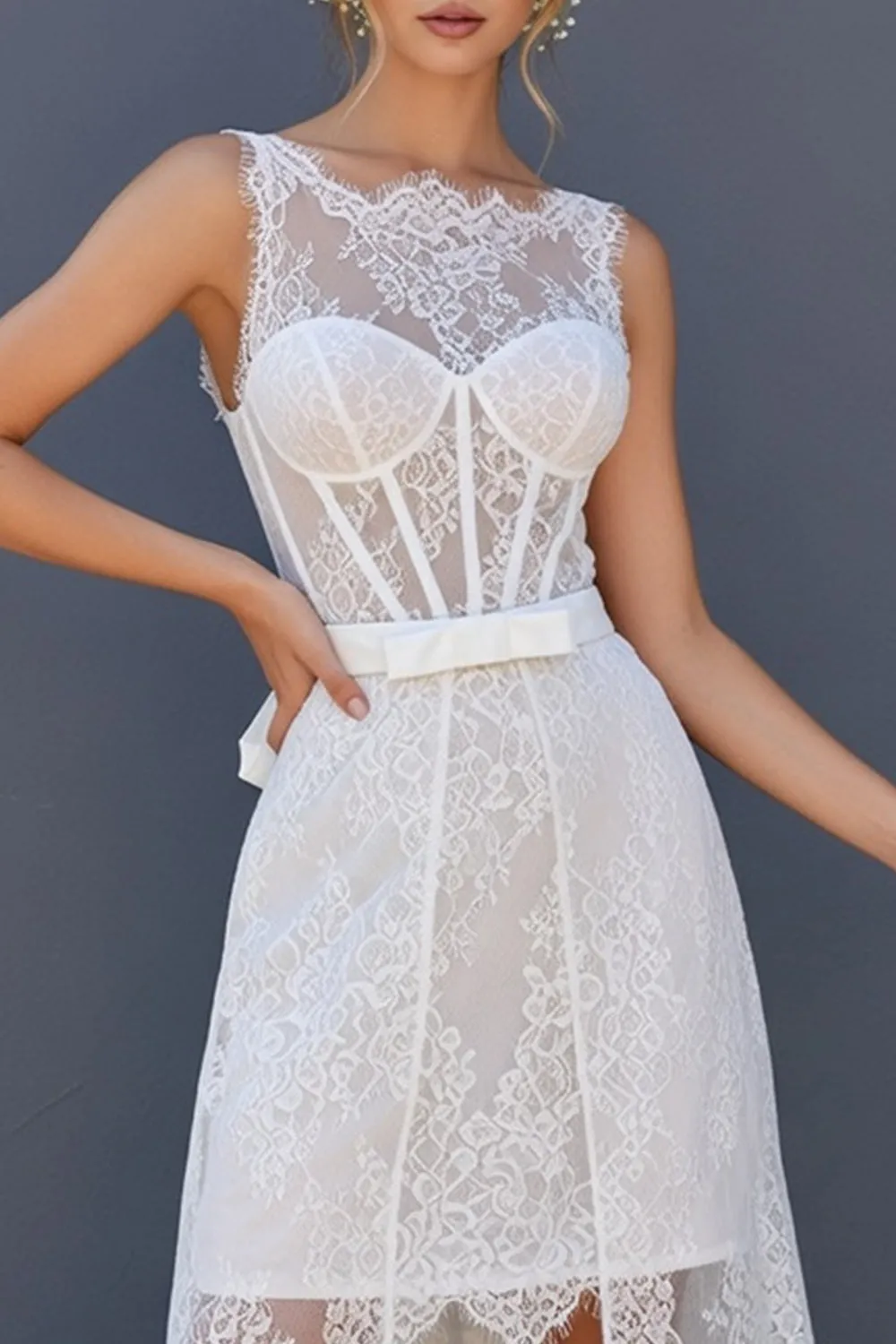 White A Line Corset Lace Midi Wedding Dress with Cape sold by Zapaka product image thumbnail 4