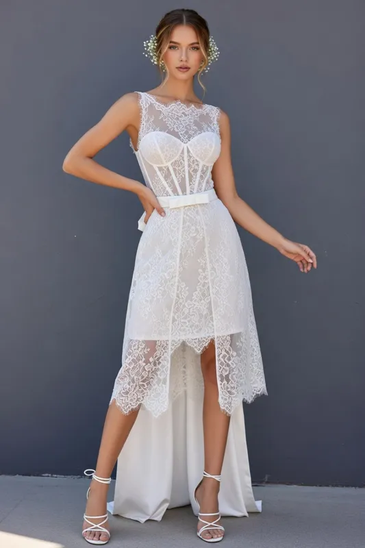 White A Line Corset Lace Midi Wedding Dress with Cape made by Zapaka