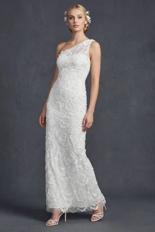 White One Shoulder Sheath Long Wedding Dress with Appliques sold by Zapaka