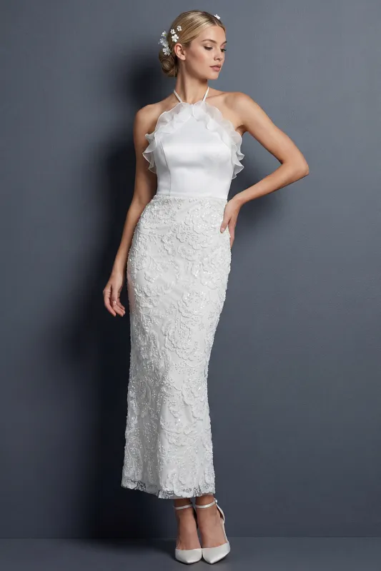 Sheath Halter White Long Wedding Dress with Ruffles made by Zapaka