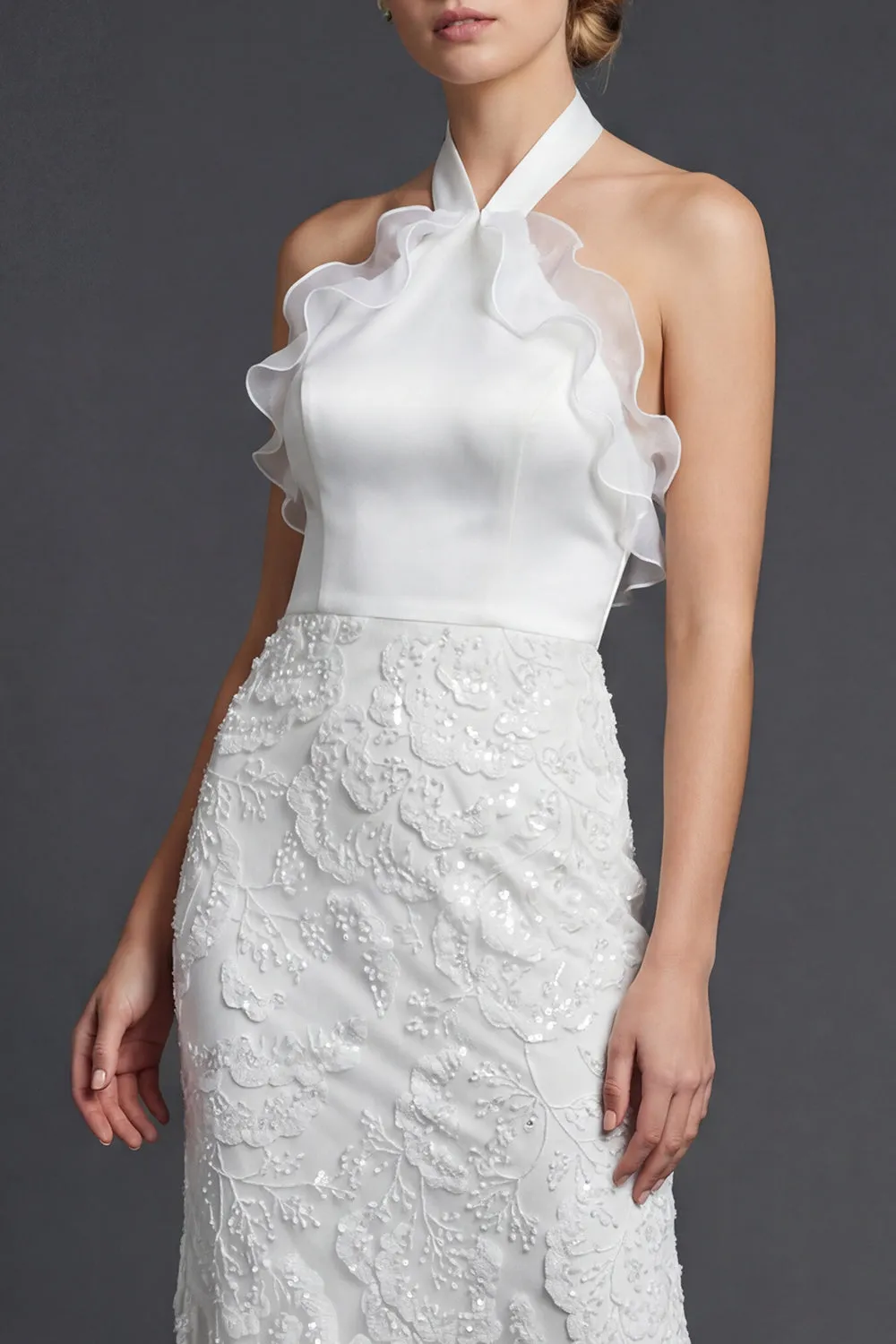 Halter White Sheath Ruffled Long Wedding Dress sold by Zapaka product image thumbnail 3
